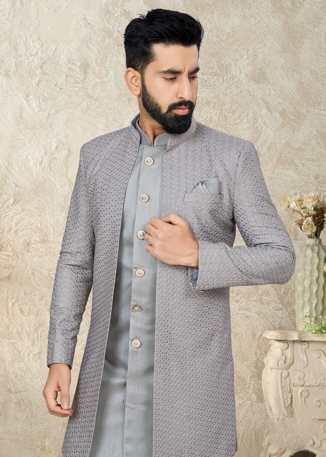 Grey Indo Western with Art Silk Kurta & Cotton Silk Embroidered Jacket