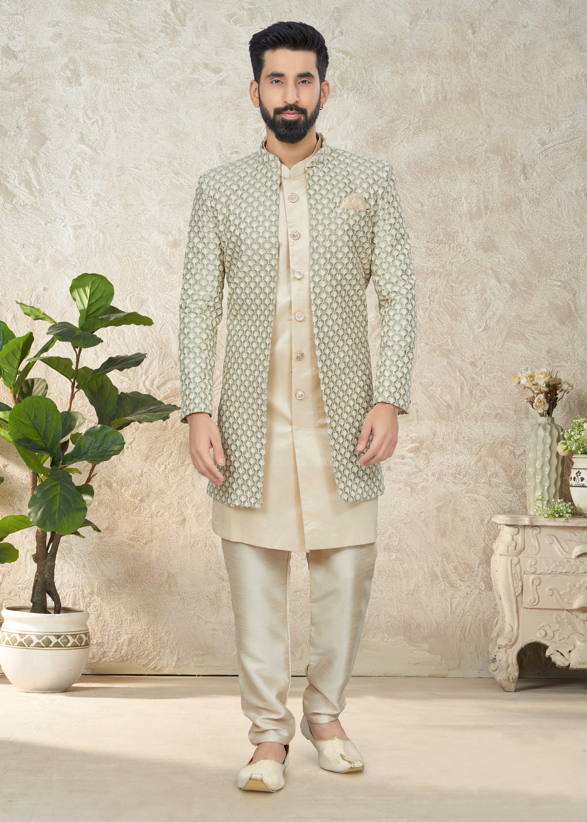 Light Green Indo Western Suit with Embroidered Cotton Silk Jacket