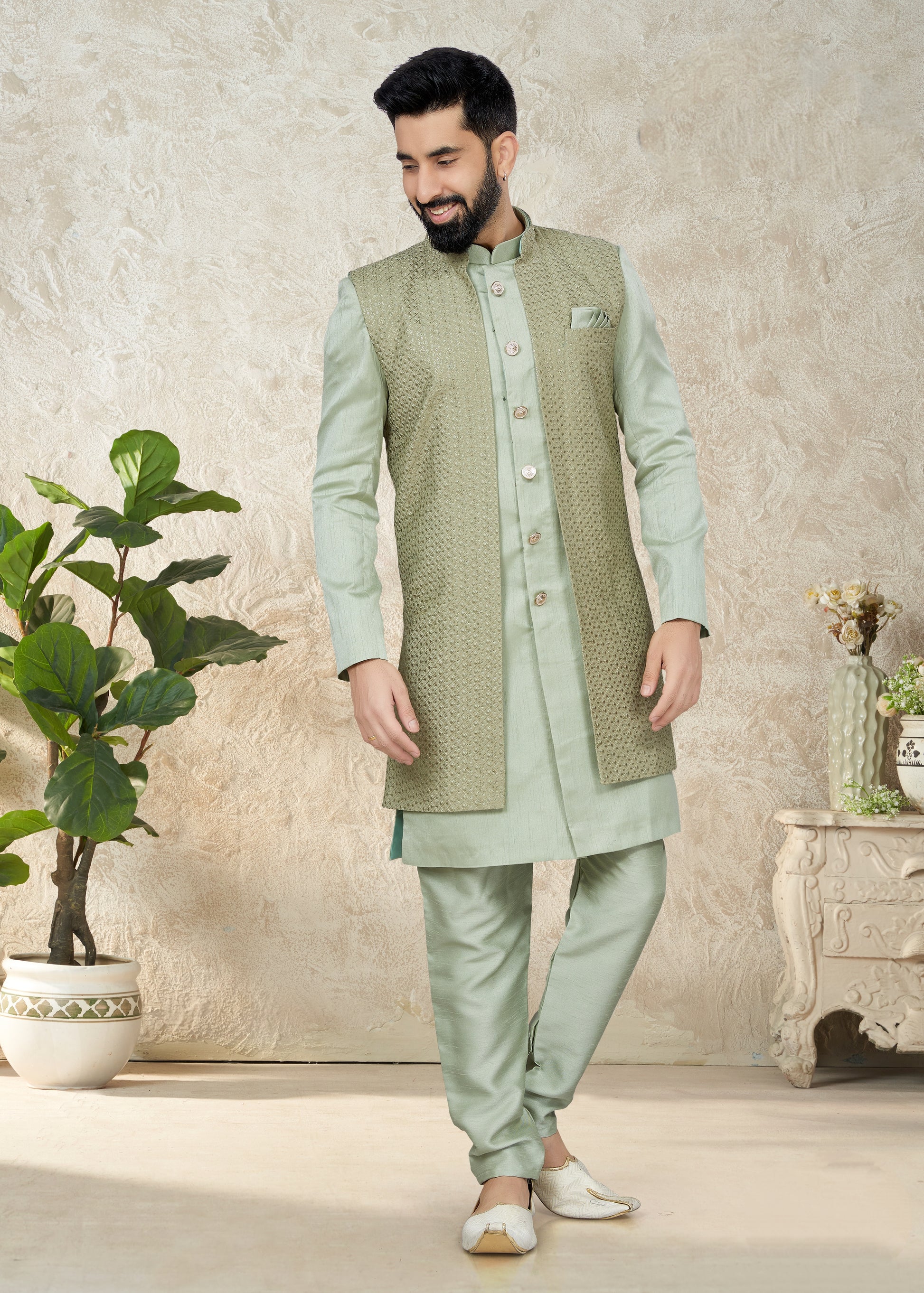 Pastel Green Indo Western Suit with Embroidered Cotton Silk Jacket