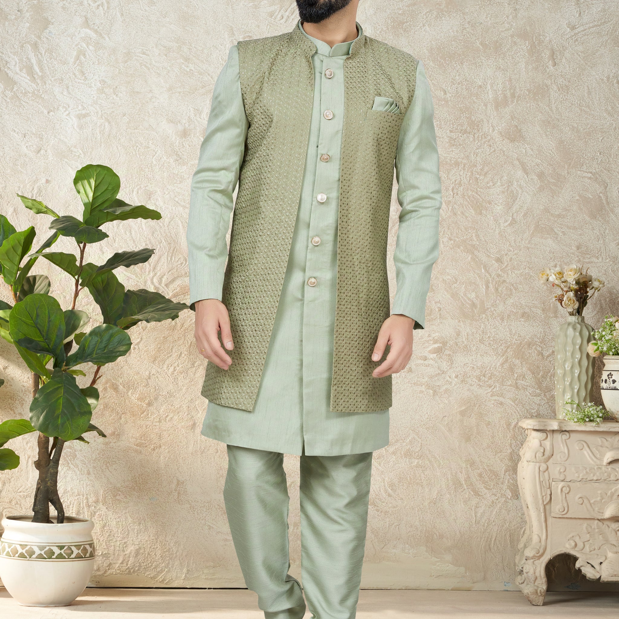 Pastel Green Indo Western Suit with Embroidered Cotton Silk Jacket