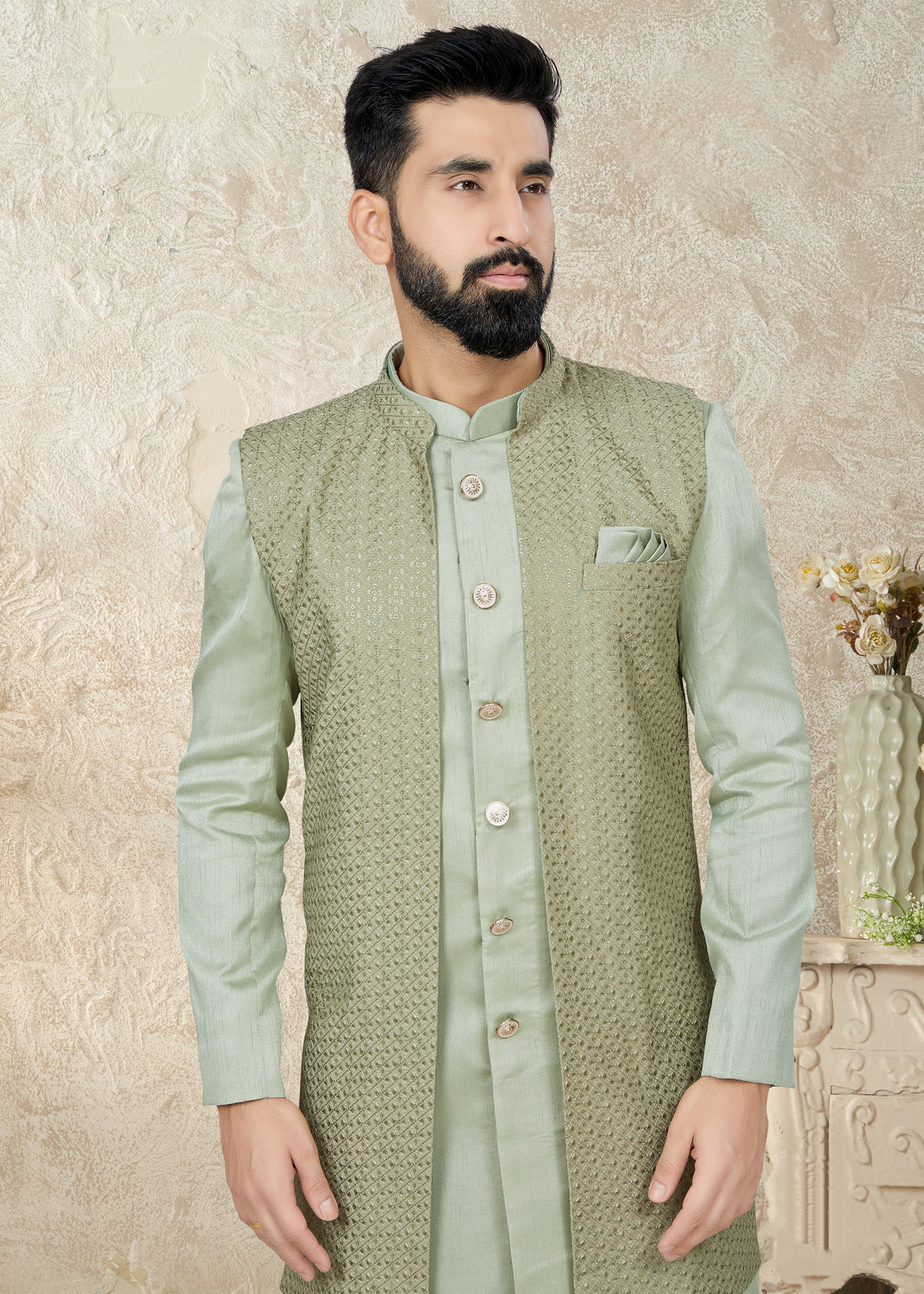 Pastel Green Indo Western Suit with Embroidered Cotton Silk Jacket