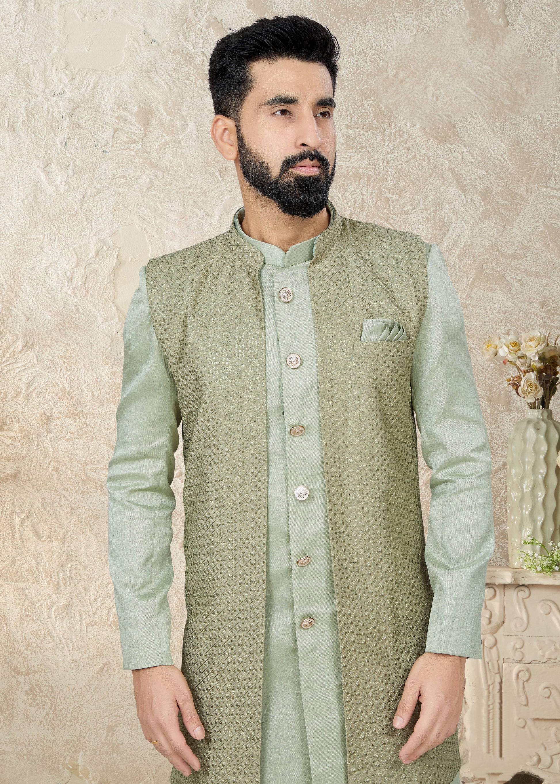 Pastel Green Indo Western Suit with Embroidered Cotton Silk Jacket