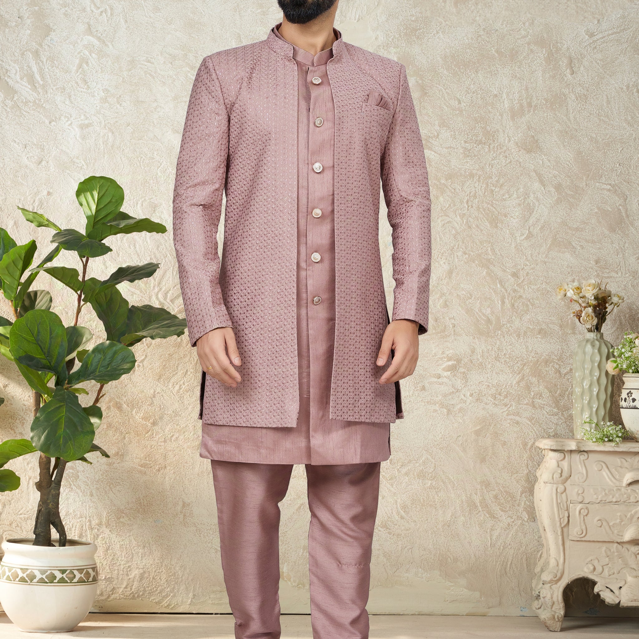 Lavender Indo Western Suit with Elegant Embroidered Jacket