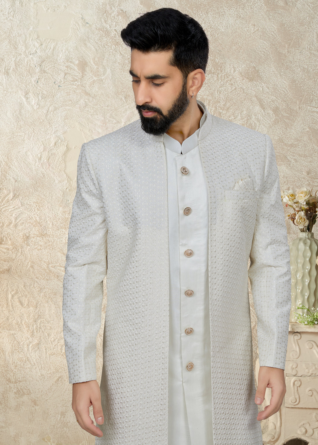 Light Grey Indo Western Suit with Subtle Embroidered Jacket