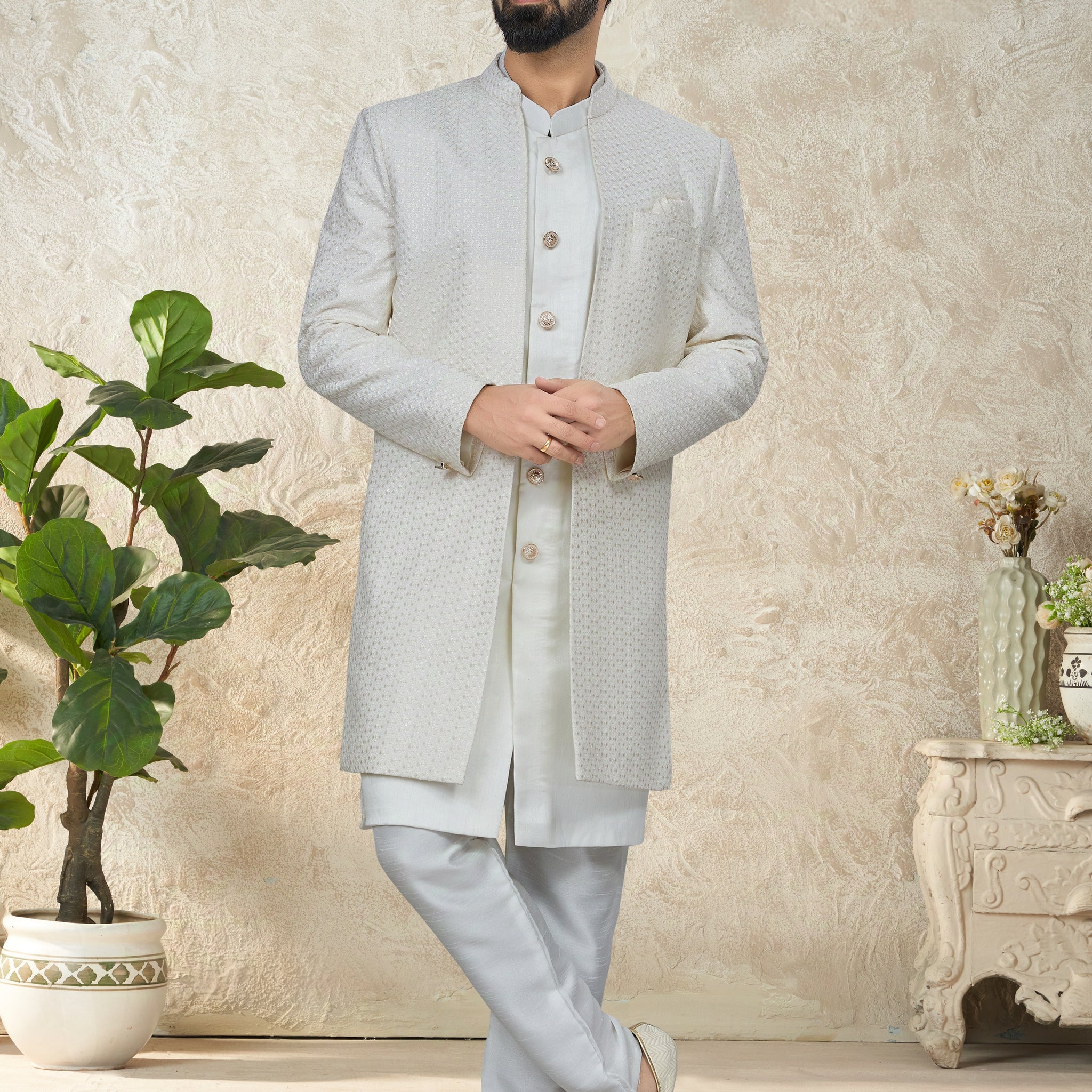 Light Grey Indo Western Suit with Subtle Embroidered Jacket