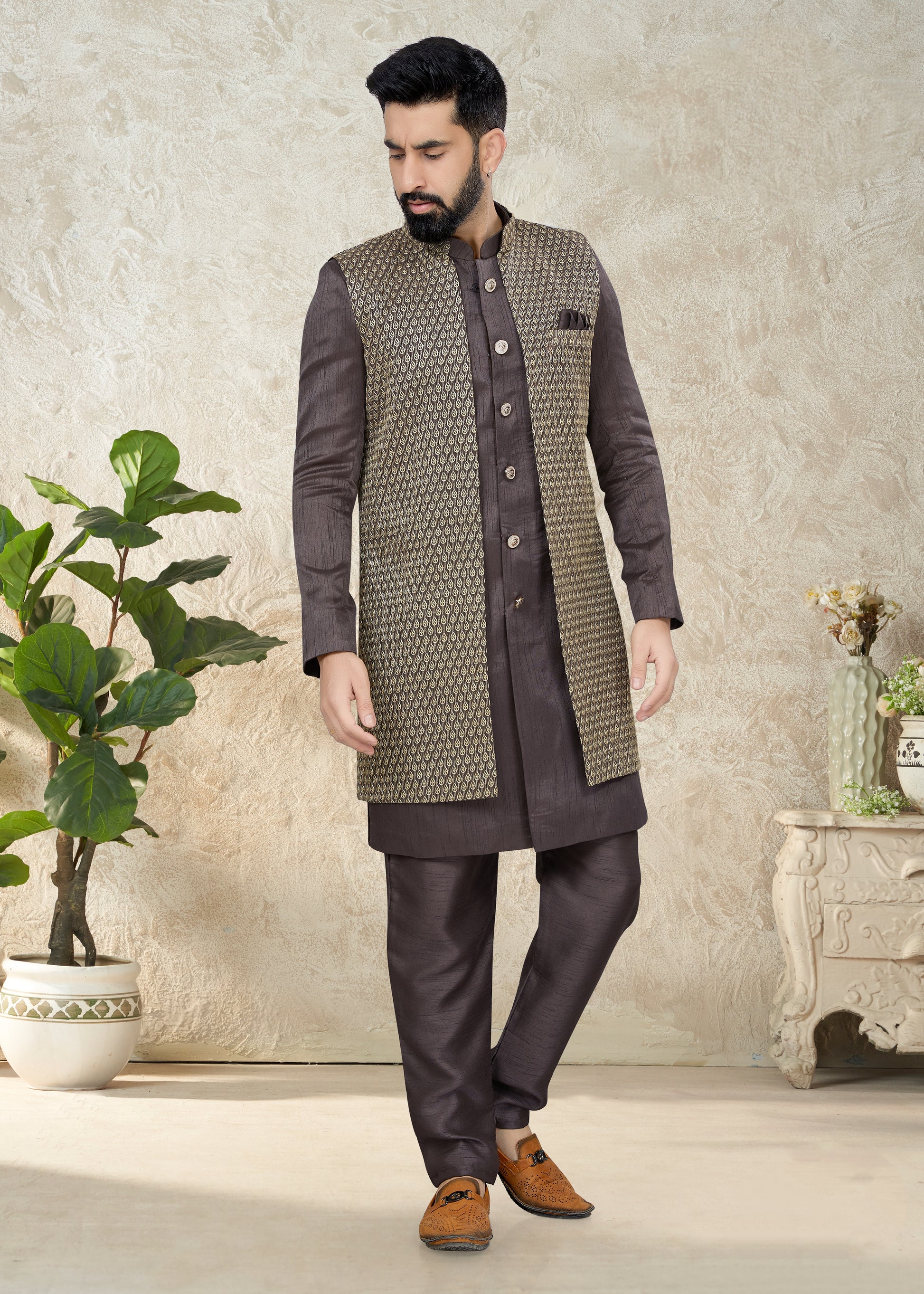 Dark Brown Indo Western Suit with Textured Embroidered Jacket