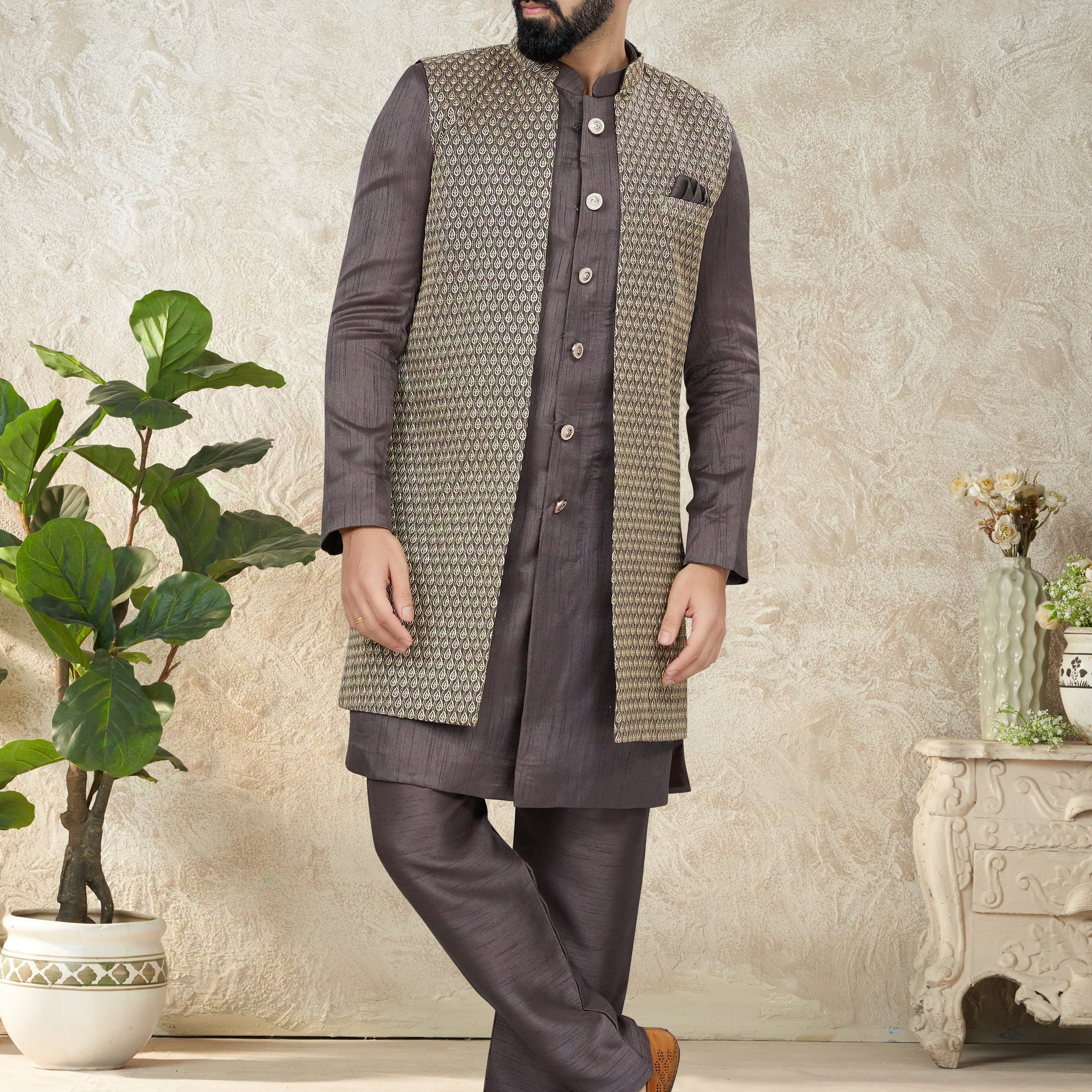 Dark Brown Indo Western Suit with Textured Embroidered Jacket