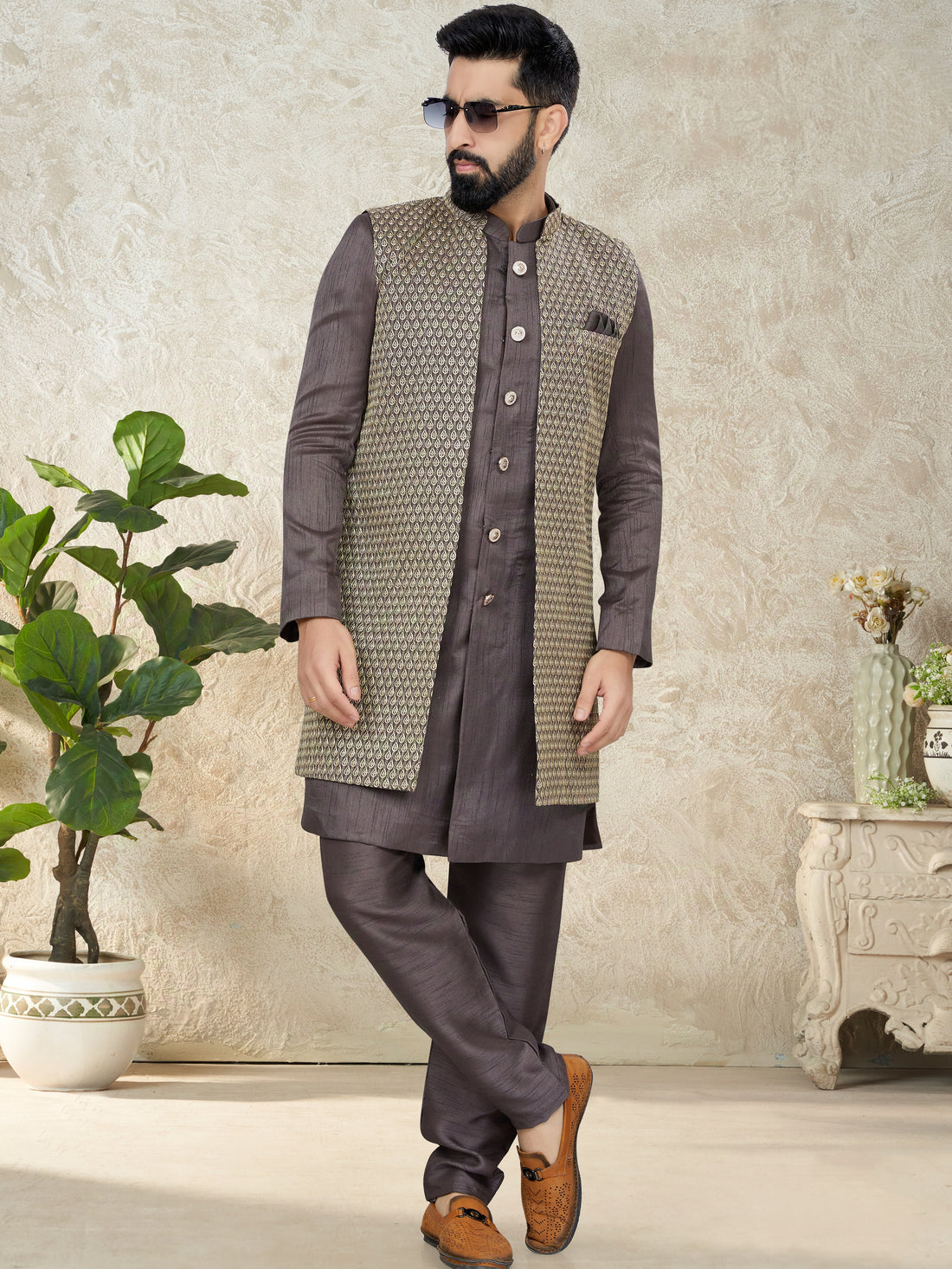 Dark Brown Indo Western Suit with Textured Embroidered Jacket