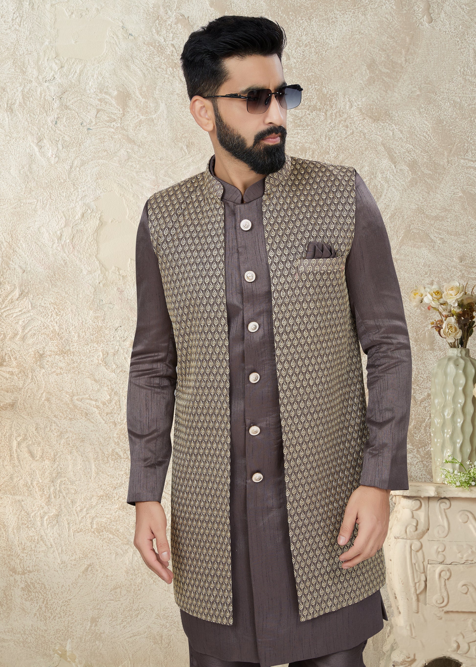 Dark Brown Indo Western Suit with Textured Embroidered Jacket