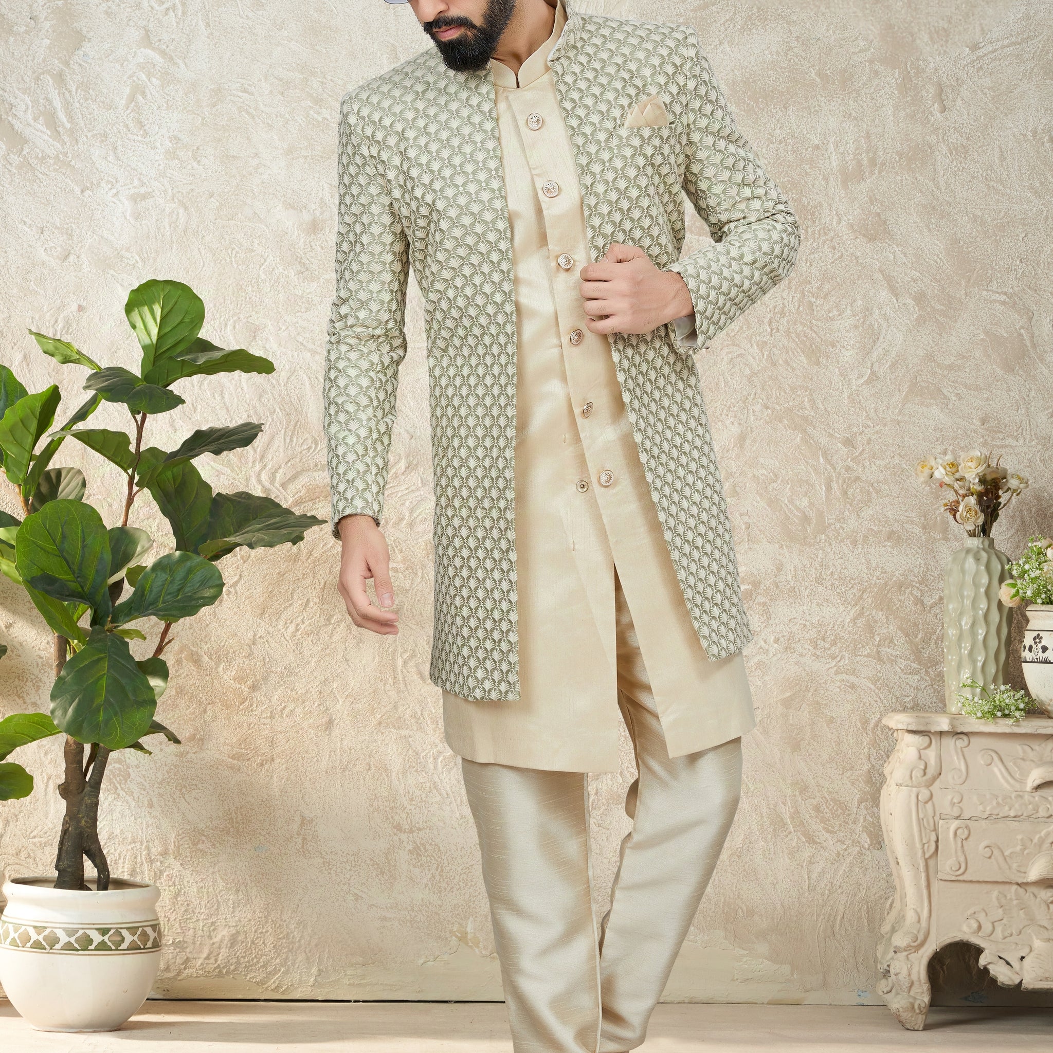 Light Green Indo Western Suit with Embroidered Cotton Silk Jacket