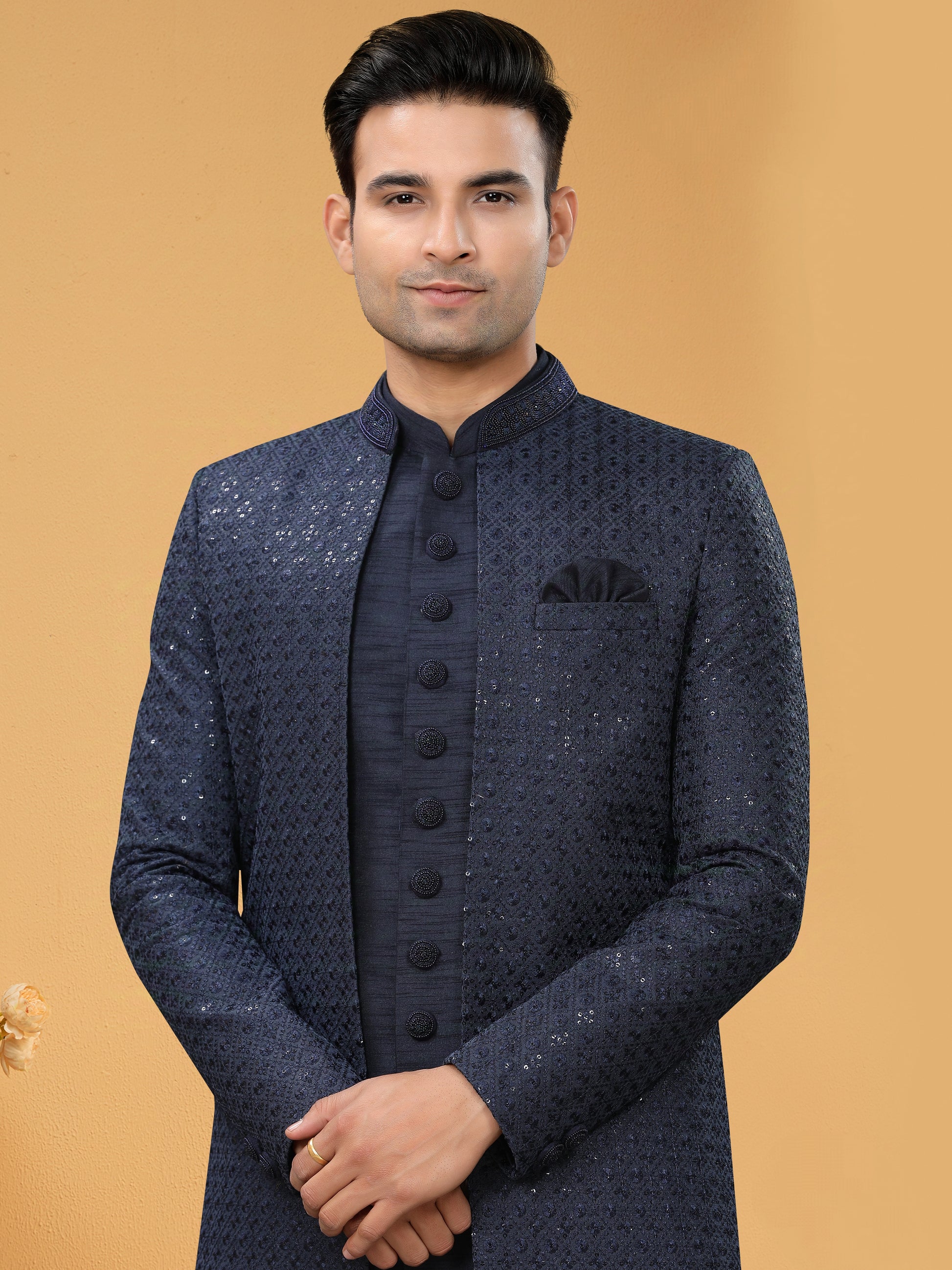 Navy Blue Indo Western Kurta Set with Handwork Jacket