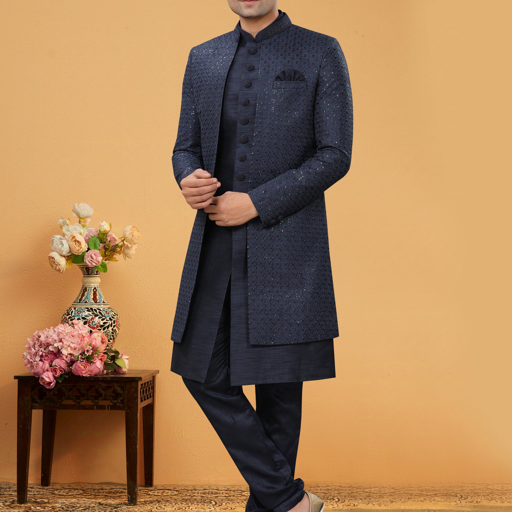 Navy Blue Indo Western Kurta Set with Handwork Jacket