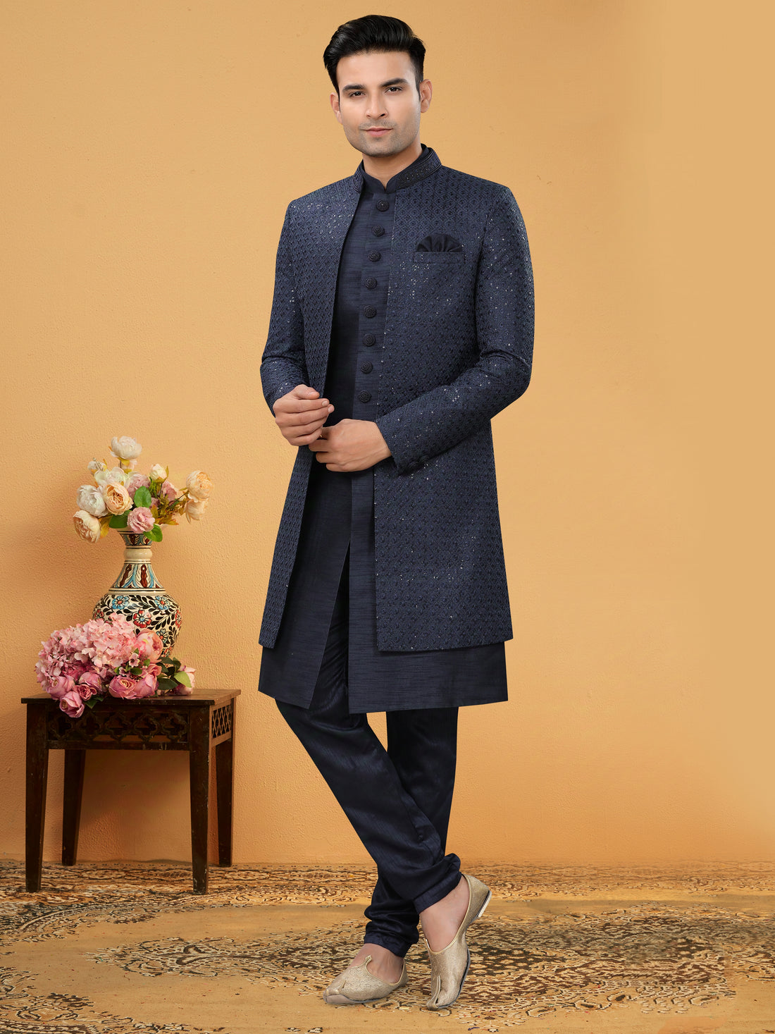 Navy Blue Indo Western Kurta Set with Handwork Jacket