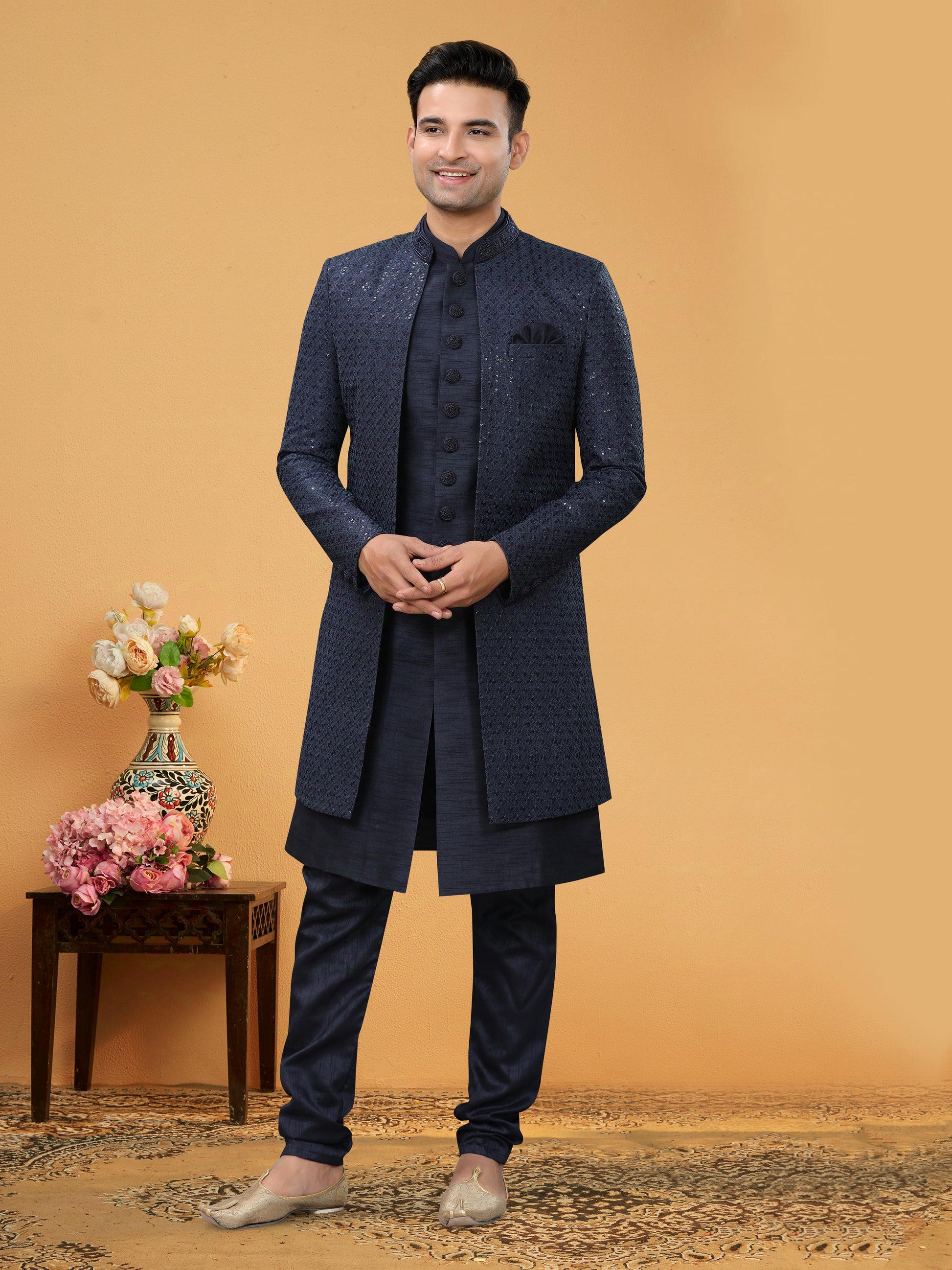 Navy Blue Indo Western Kurta Set with Handwork Jacket