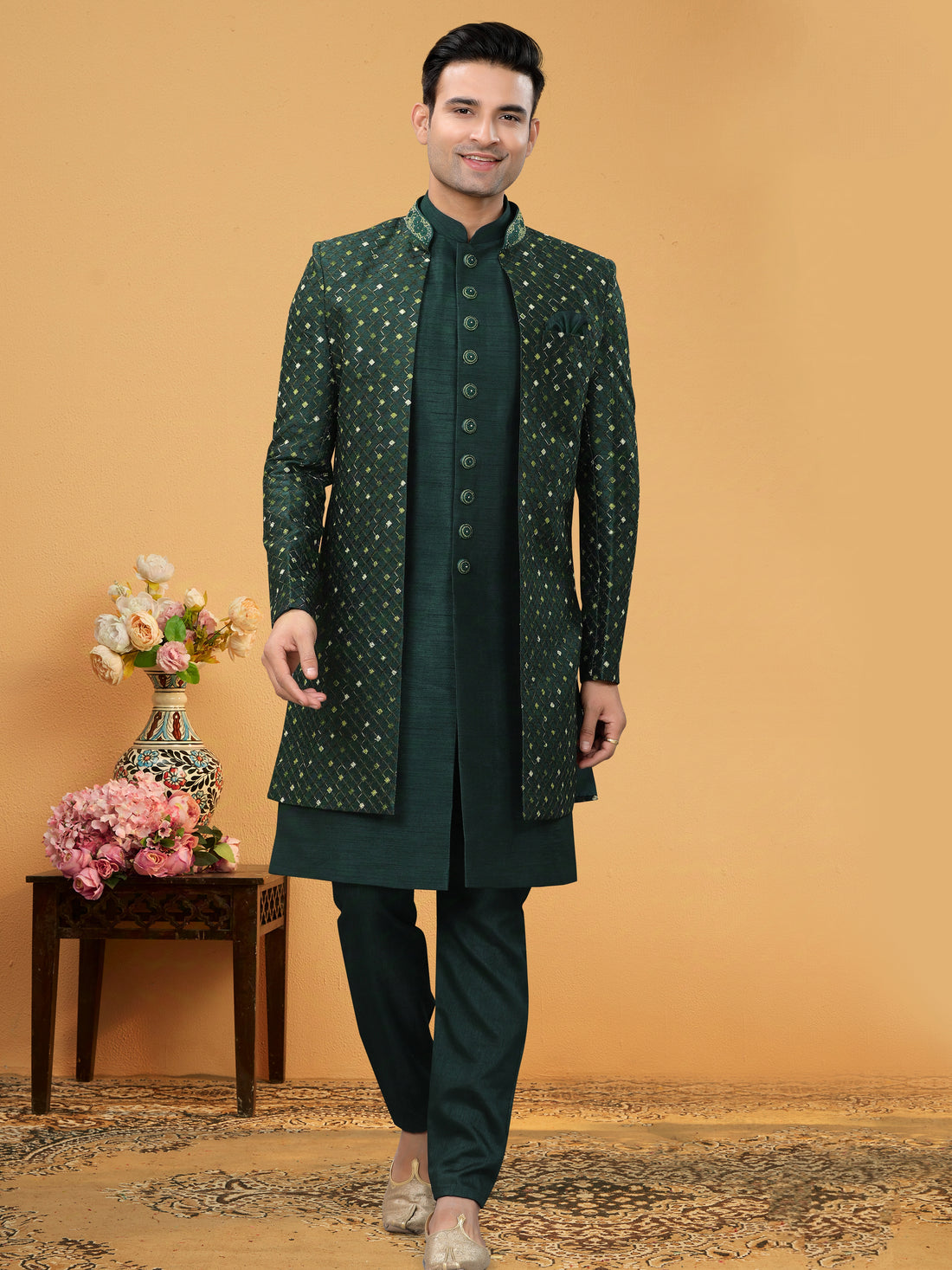 Dark Green Lucknowi Indo Western Kurta with Embroidered Jacket