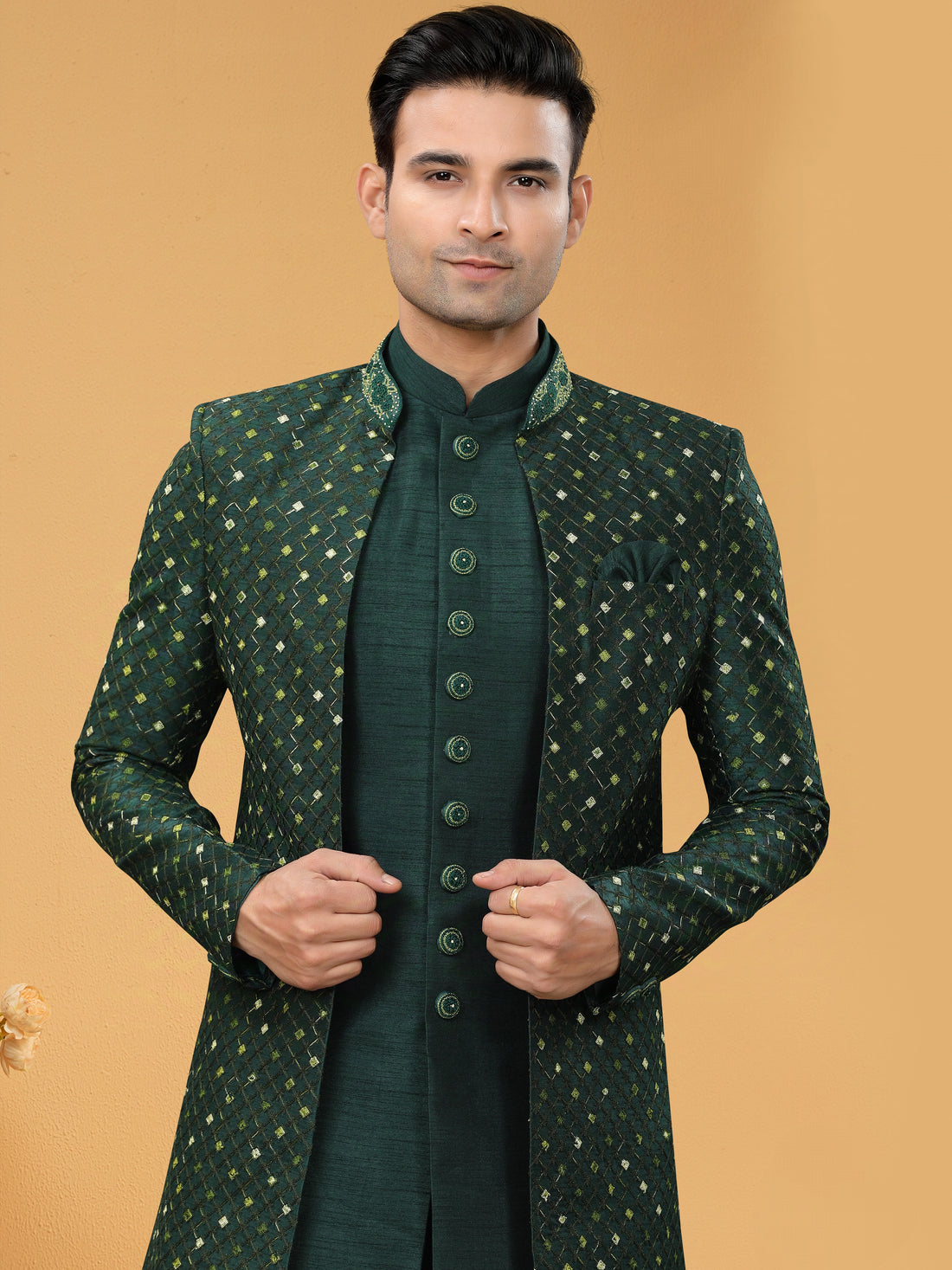 Dark Green Lucknowi Indo Western Kurta with Embroidered Jacket