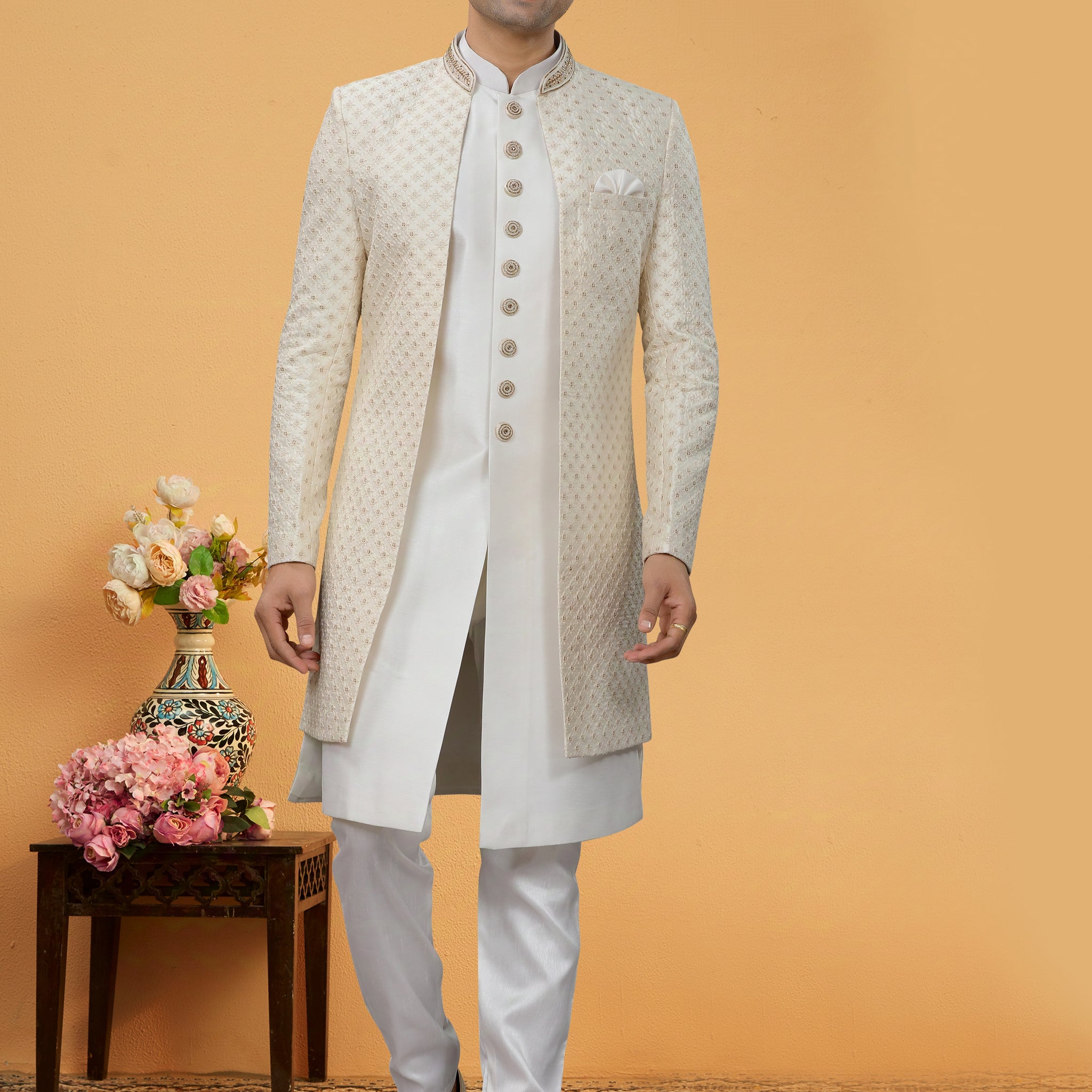 Ivory White Indo Western Kurta Set with Hand-Embroidered Jacket