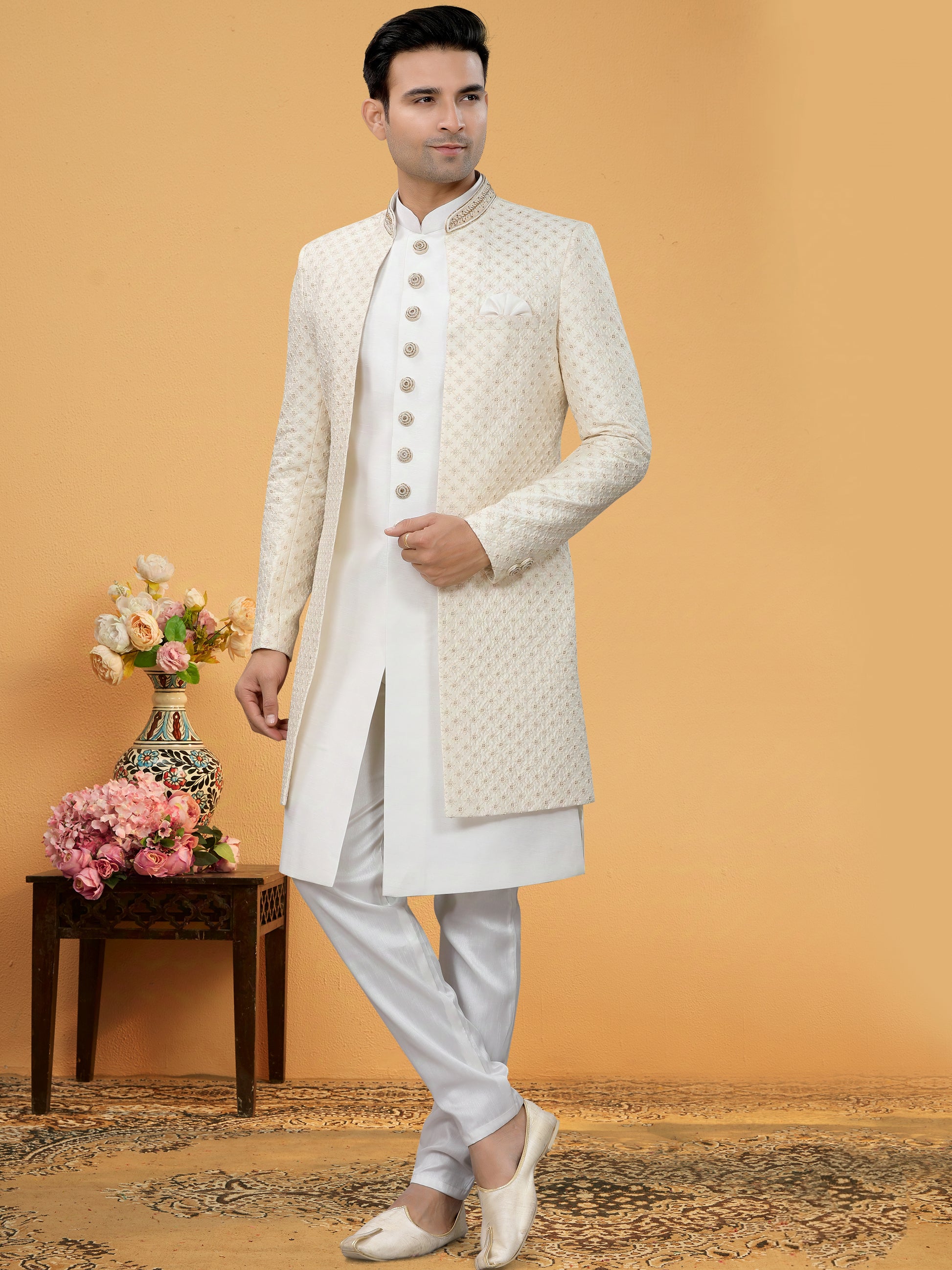 Ivory White Indo Western Kurta Set with Hand-Embroidered Jacket