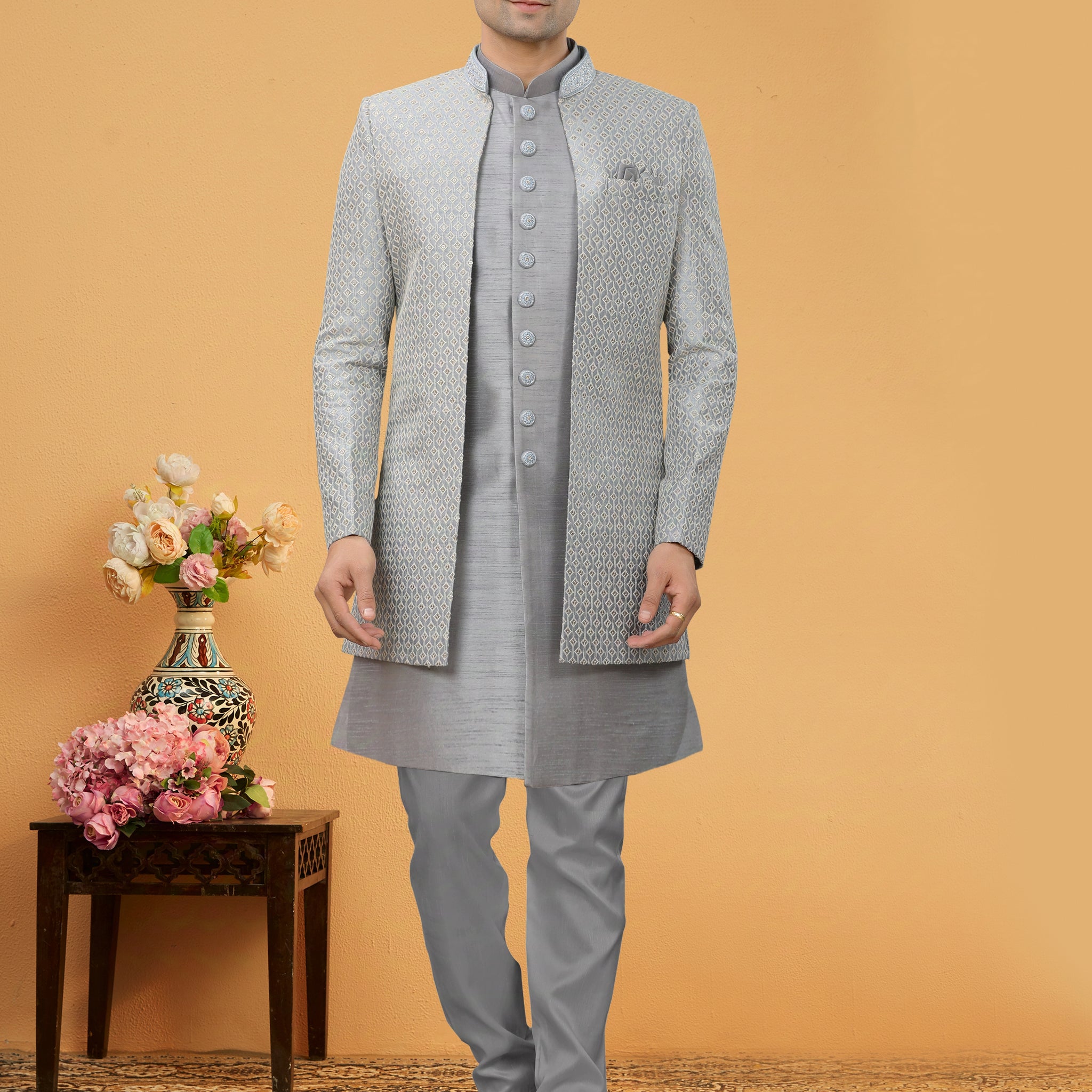 Light Grey Indo Western Kurta Set with Handcrafted Jacket