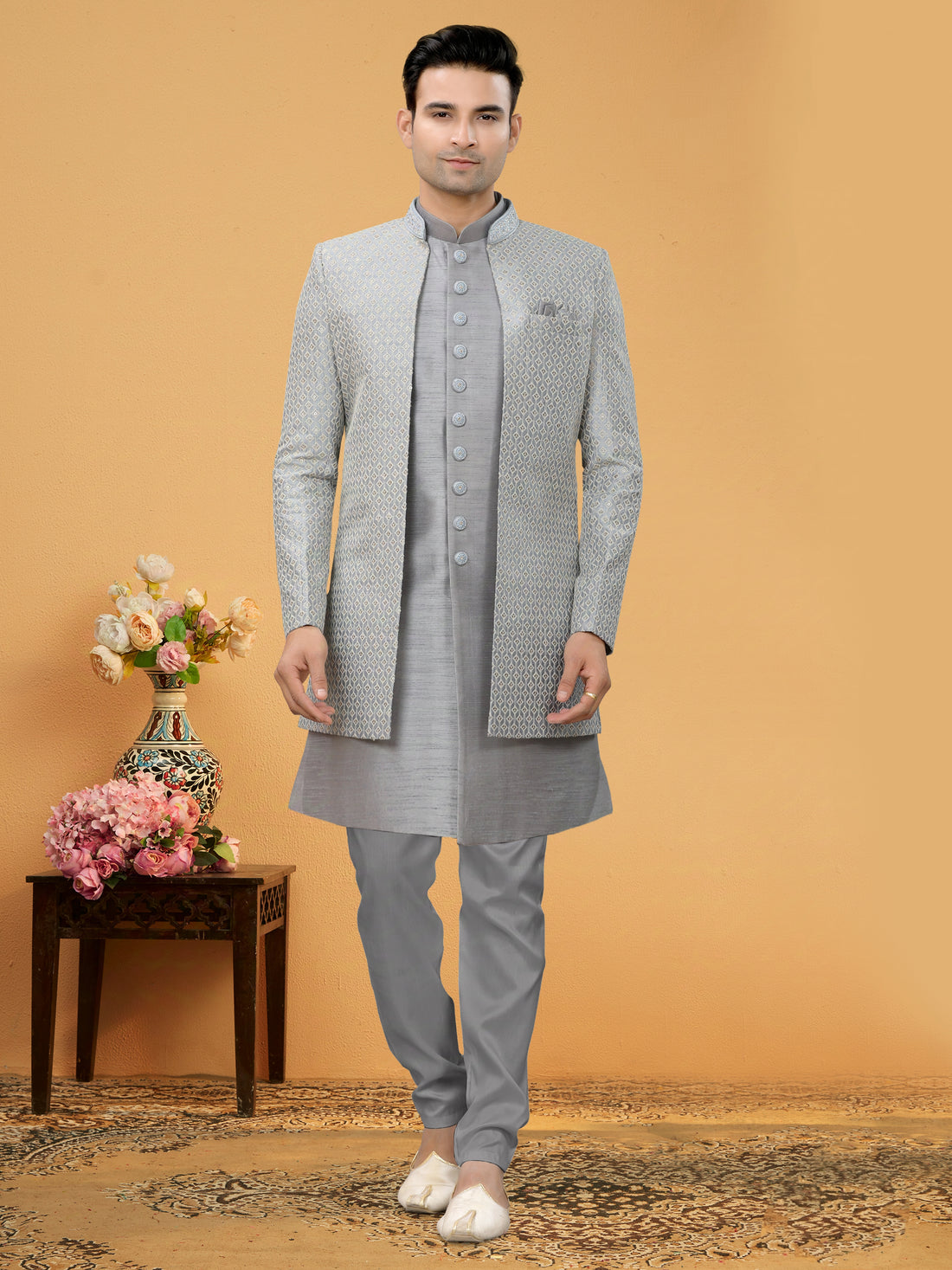 Light Grey Indo Western Kurta Set with Handcrafted Jacket