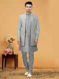 Light Grey Indo Western Kurta Set with Handcrafted Jacket