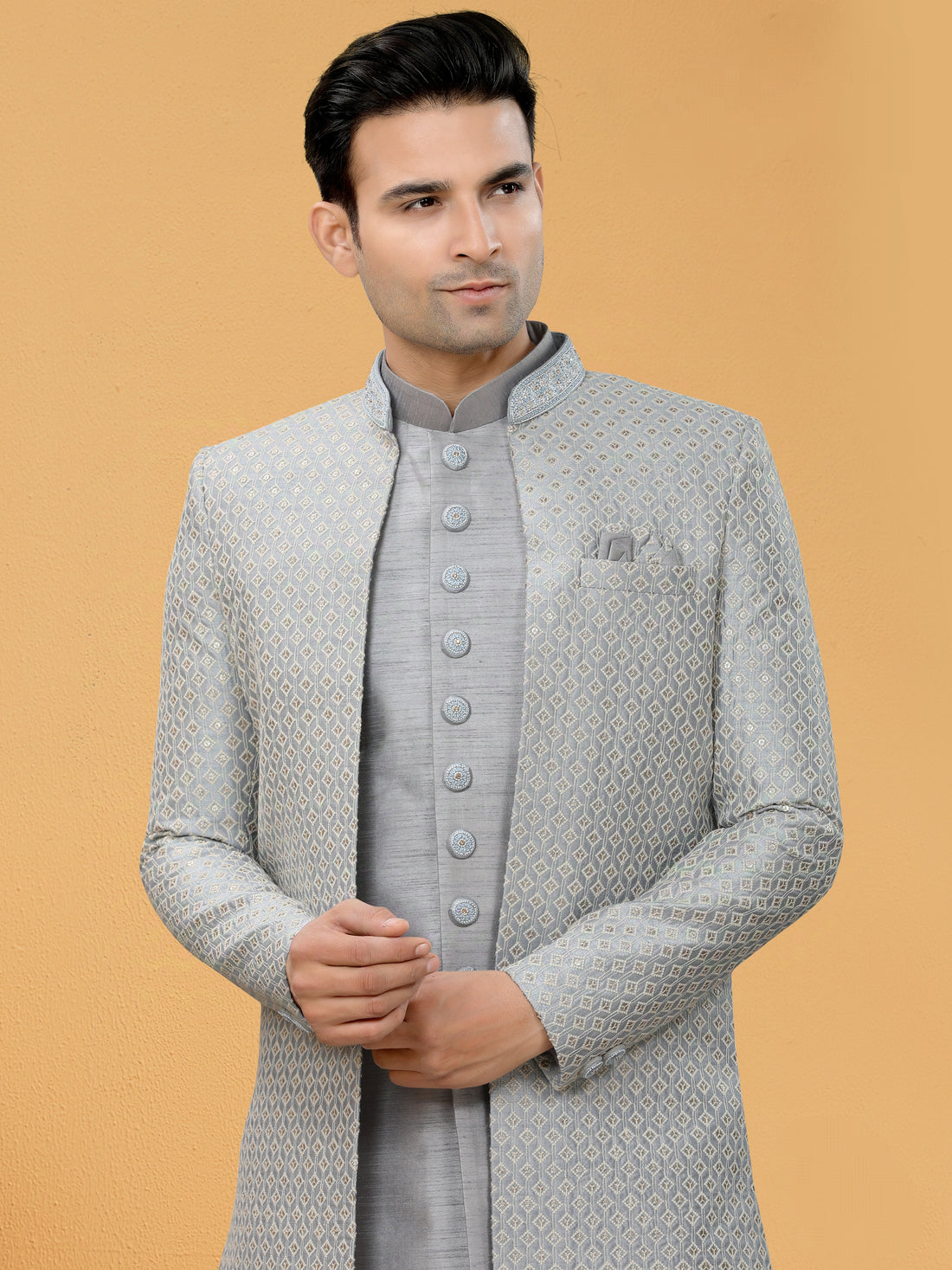 Light Grey Indo Western Kurta Set with Handcrafted Jacket