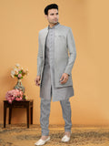 Light Grey Indo Western Kurta Set with Handcrafted Jacket