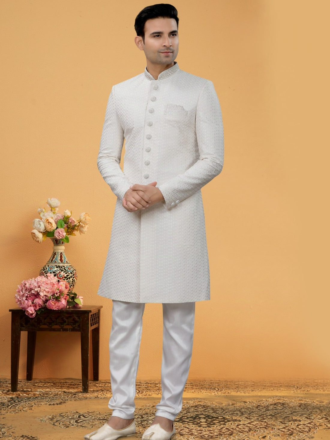 Off-White Indo Western Kurta Set with Embroidered Jacket