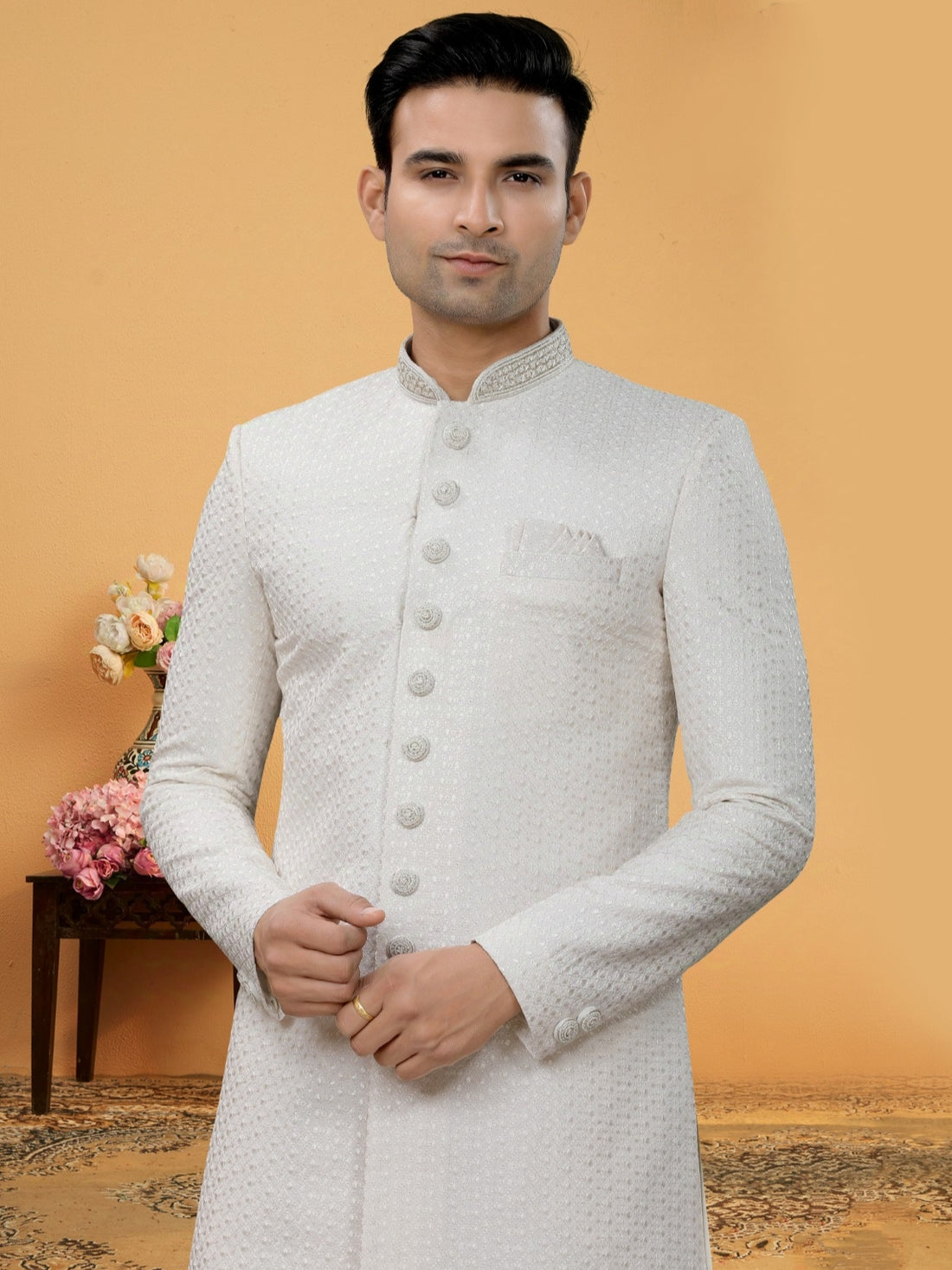 Off-White Indo Western Kurta Set with Embroidered Jacket