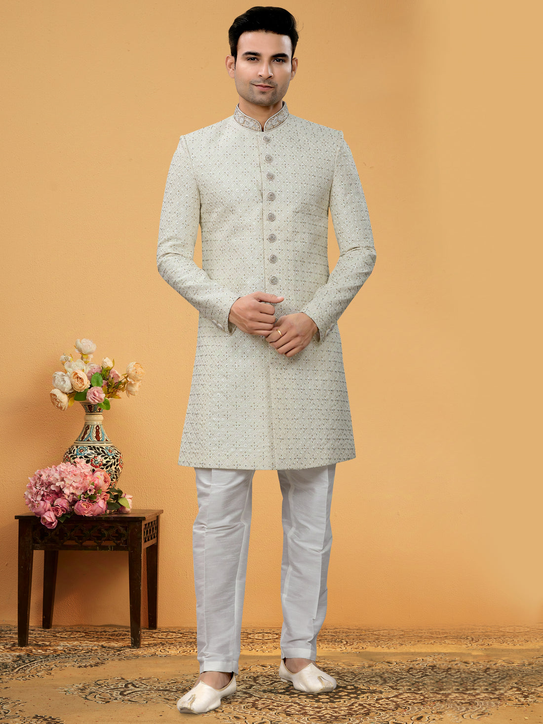 Light Green Indo Western Kurta for Men with Lucknowi Sequin & Handwork