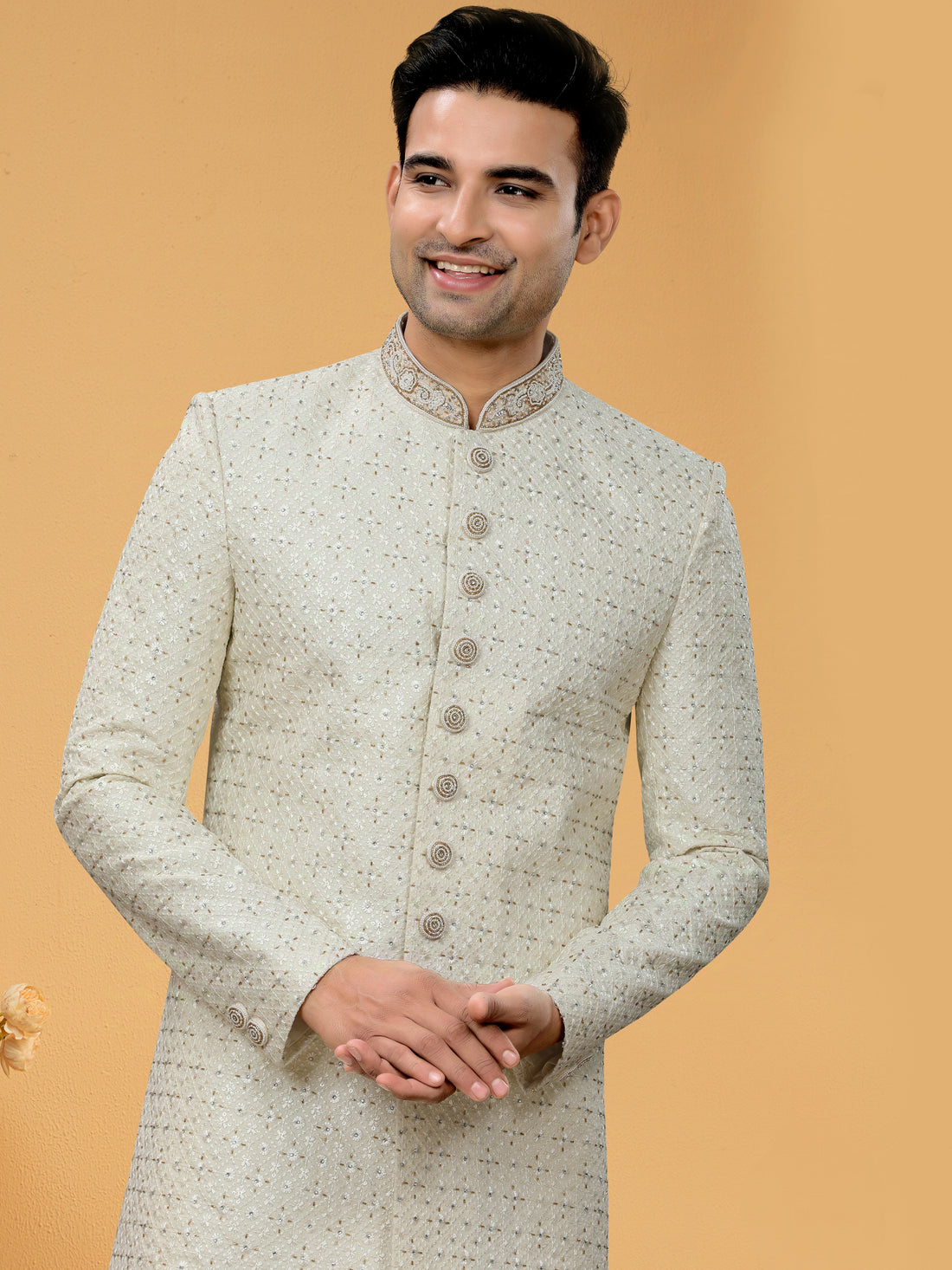 Light Green Indo Western Kurta for Men with Lucknowi Sequin & Handwork