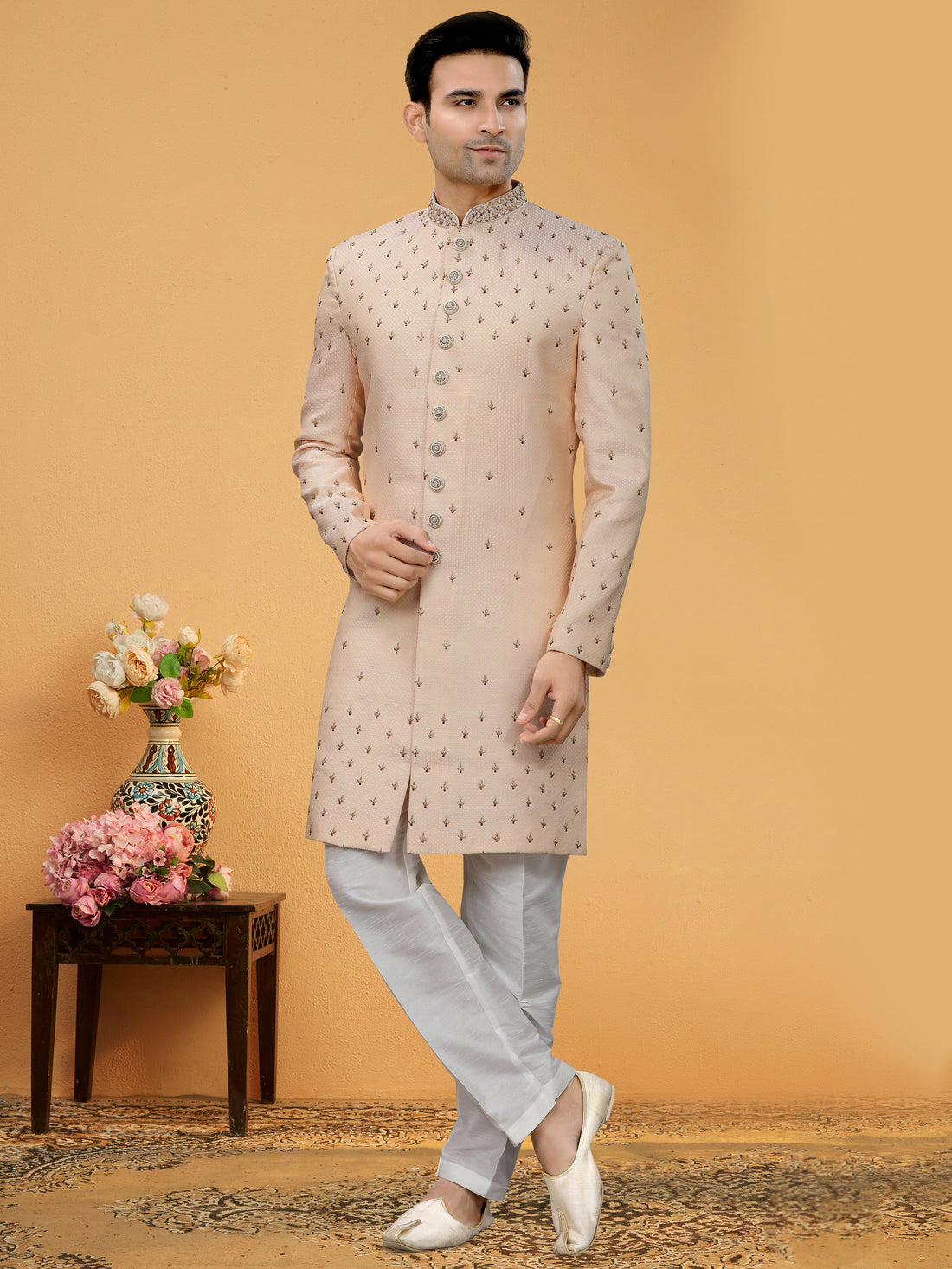 Beige Indo Western Kurta for Men with Lucknowi Sequins & Handwork