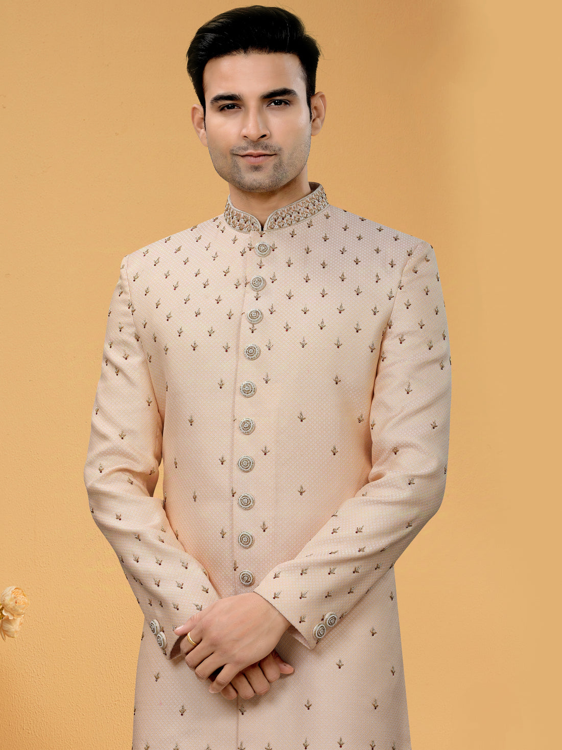 Beige Indo Western Kurta for Men with Lucknowi Sequins & Handwork