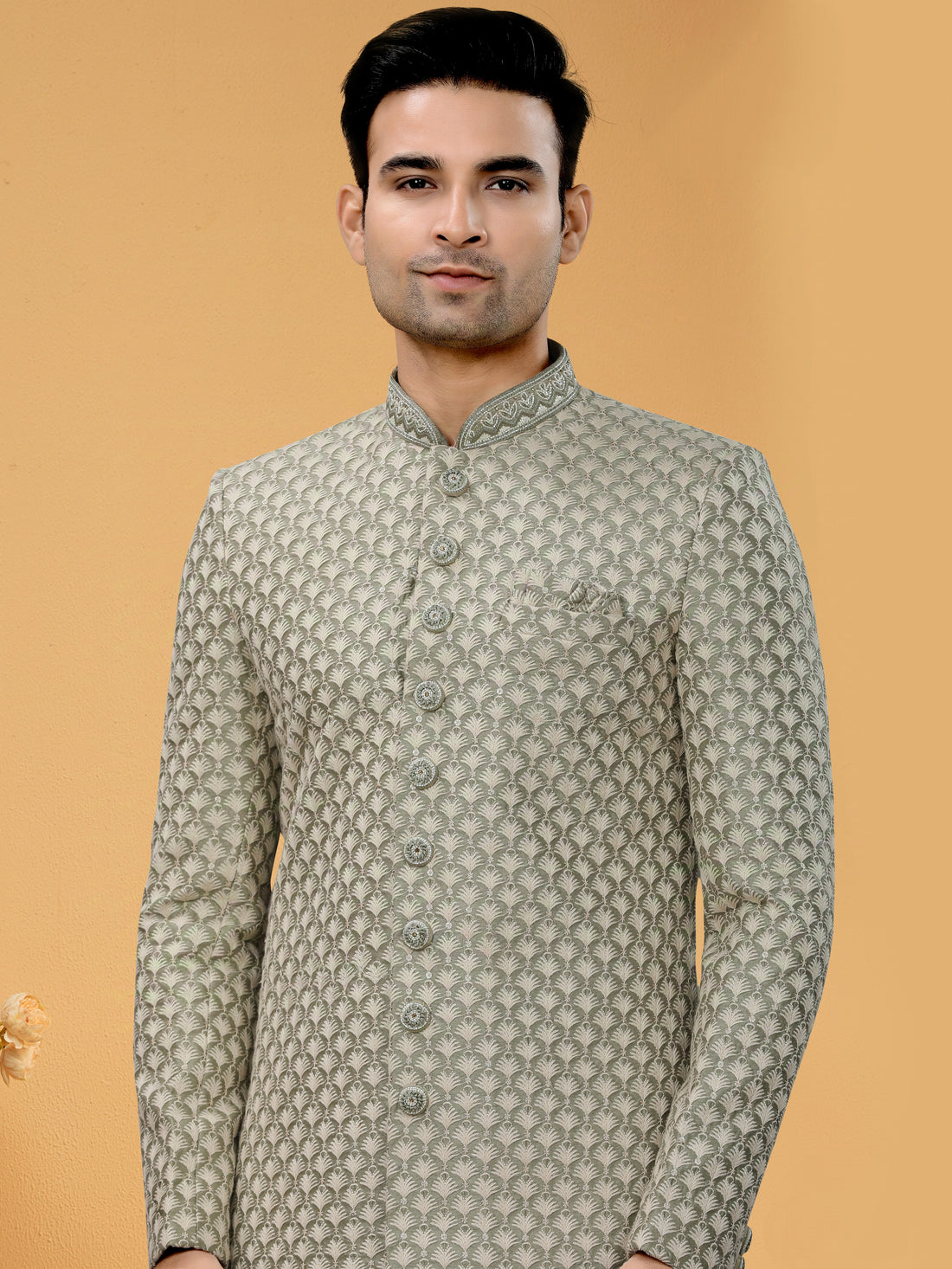 Olive Green Indo Western Kurta Set for Men with Lucknowi Embroidery