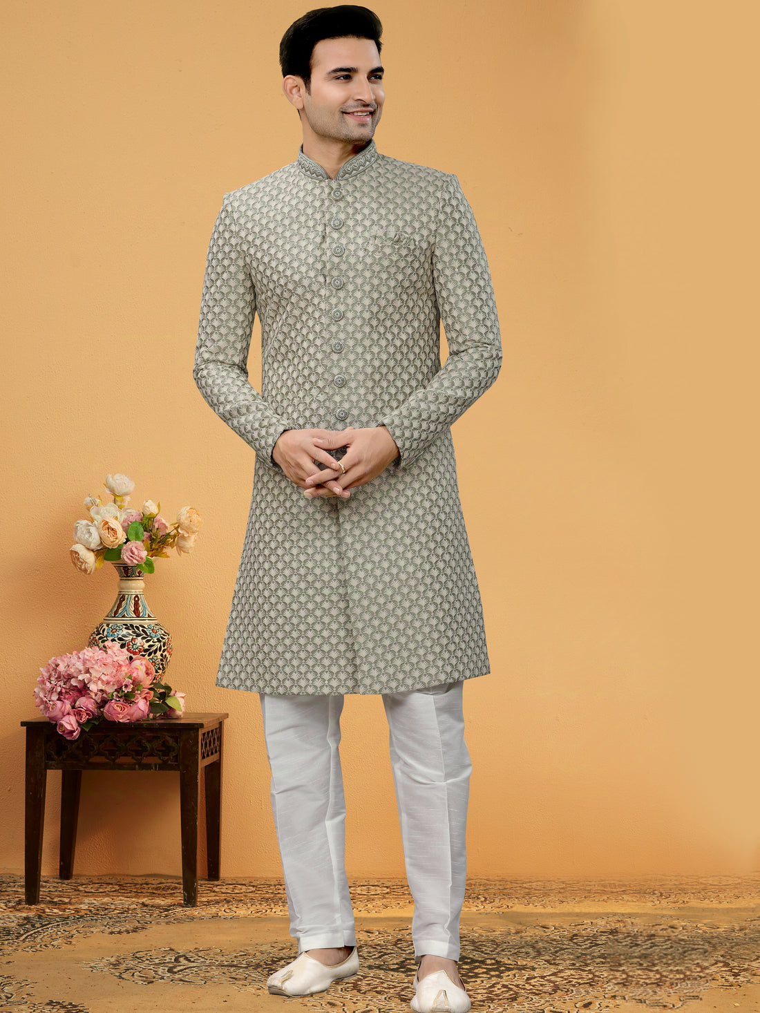 Olive Green Indo Western Kurta Set for Men with Lucknowi Embroidery