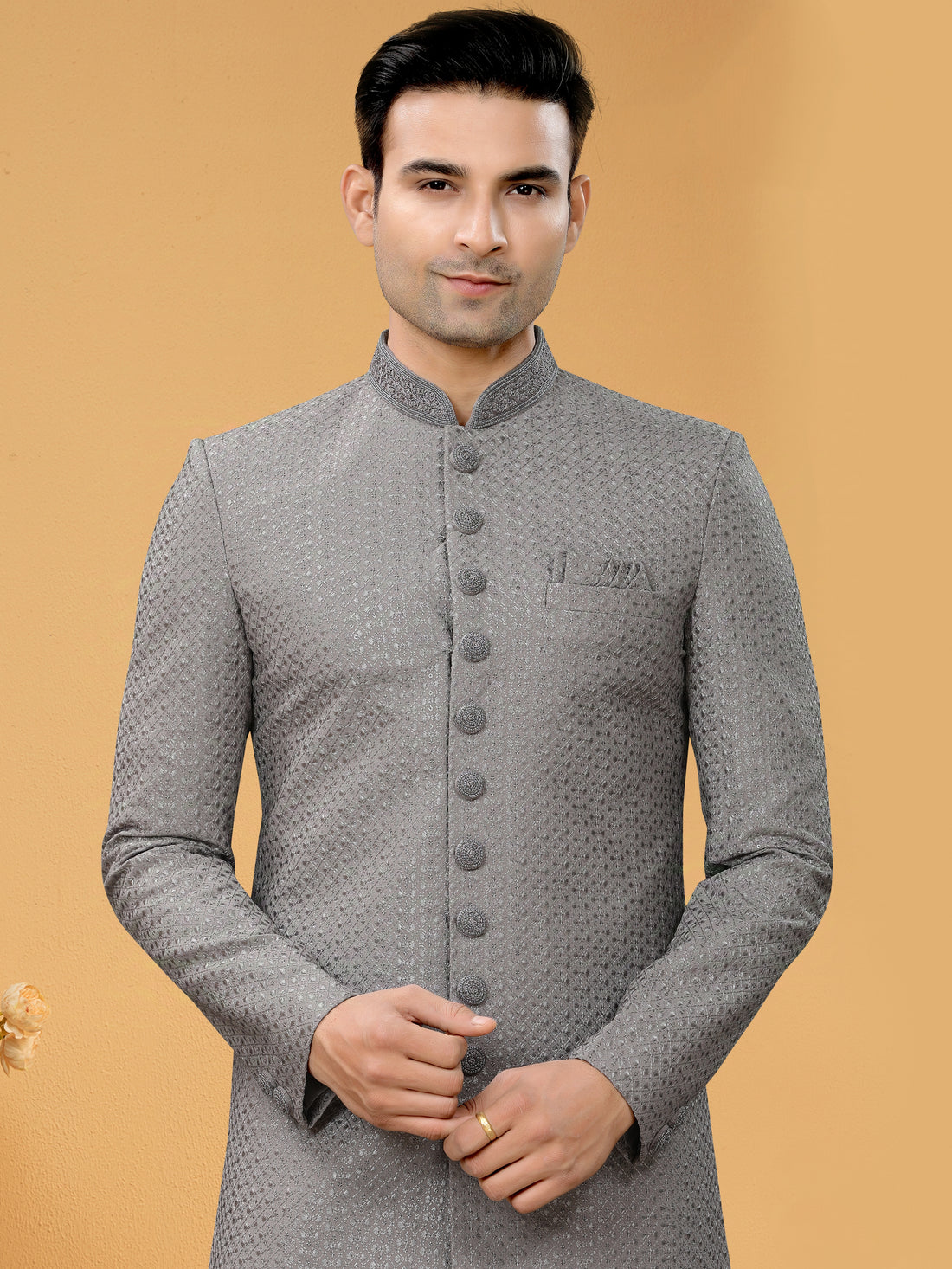 Grey Indo Western Kurta for Men with Lucknowi Threadwork & Sequins