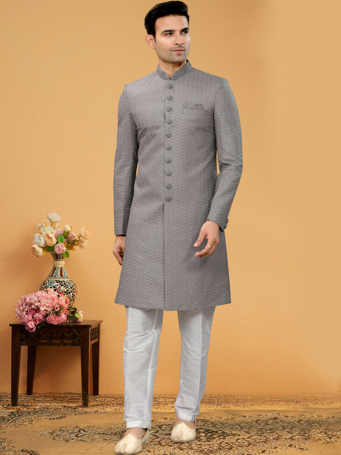 Grey Indo Western Kurta for Men with Lucknowi Threadwork & Sequins