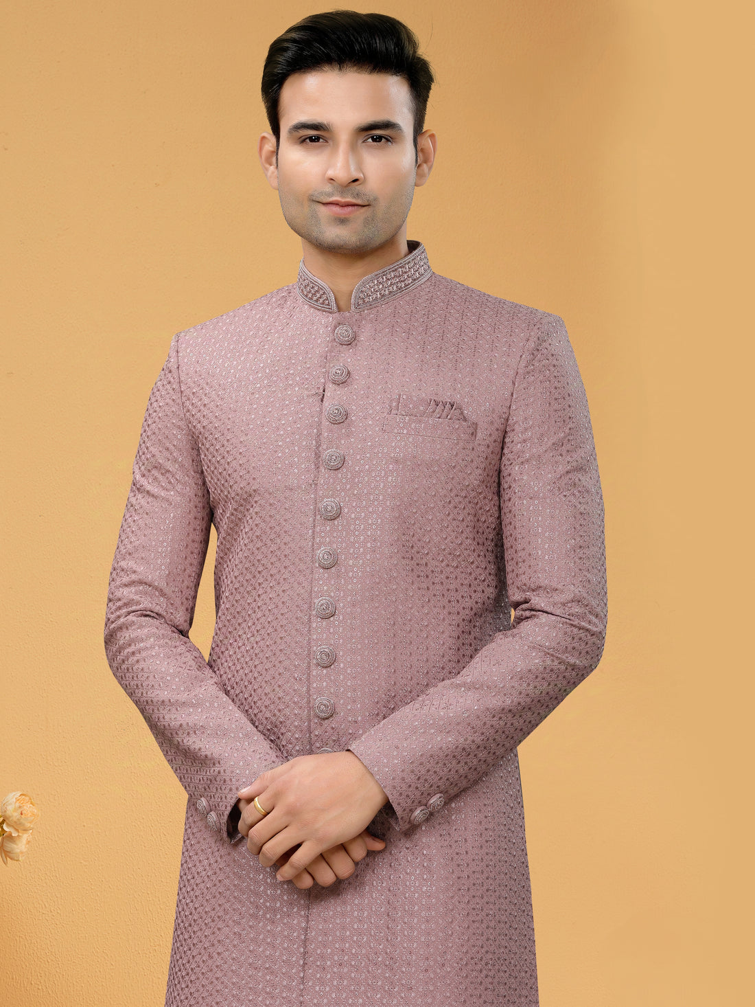 Light Pink Indo Western Kurta for Men with Lucknowi Handwork