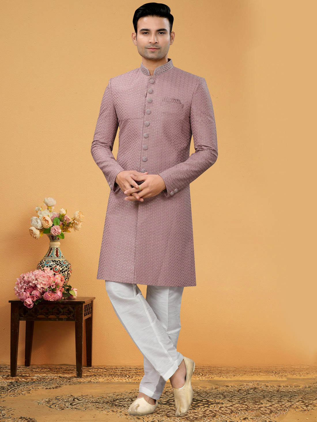 Light Pink Indo Western Kurta for Men with Lucknowi Handwork