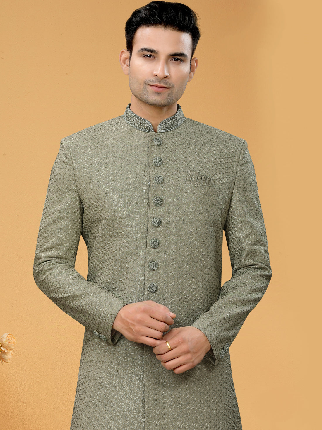 Sage Green Indo Western Kurta for Men with Lucknowi Handwork