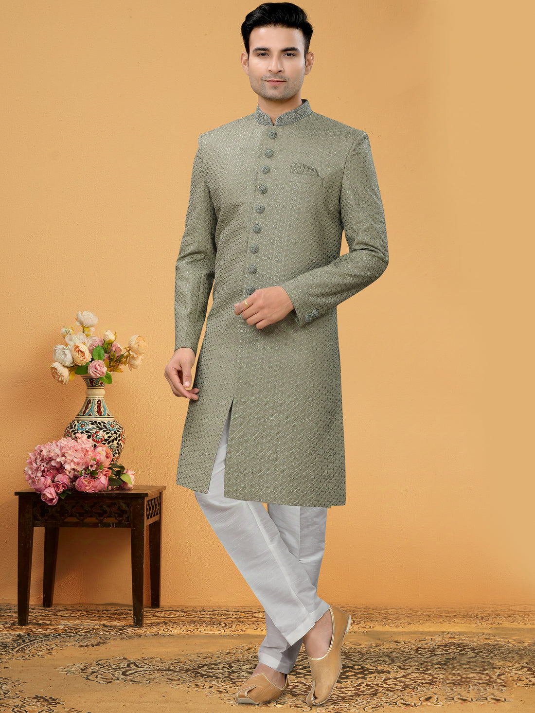 Sage Green Indo Western Kurta for Men with Lucknowi Handwork