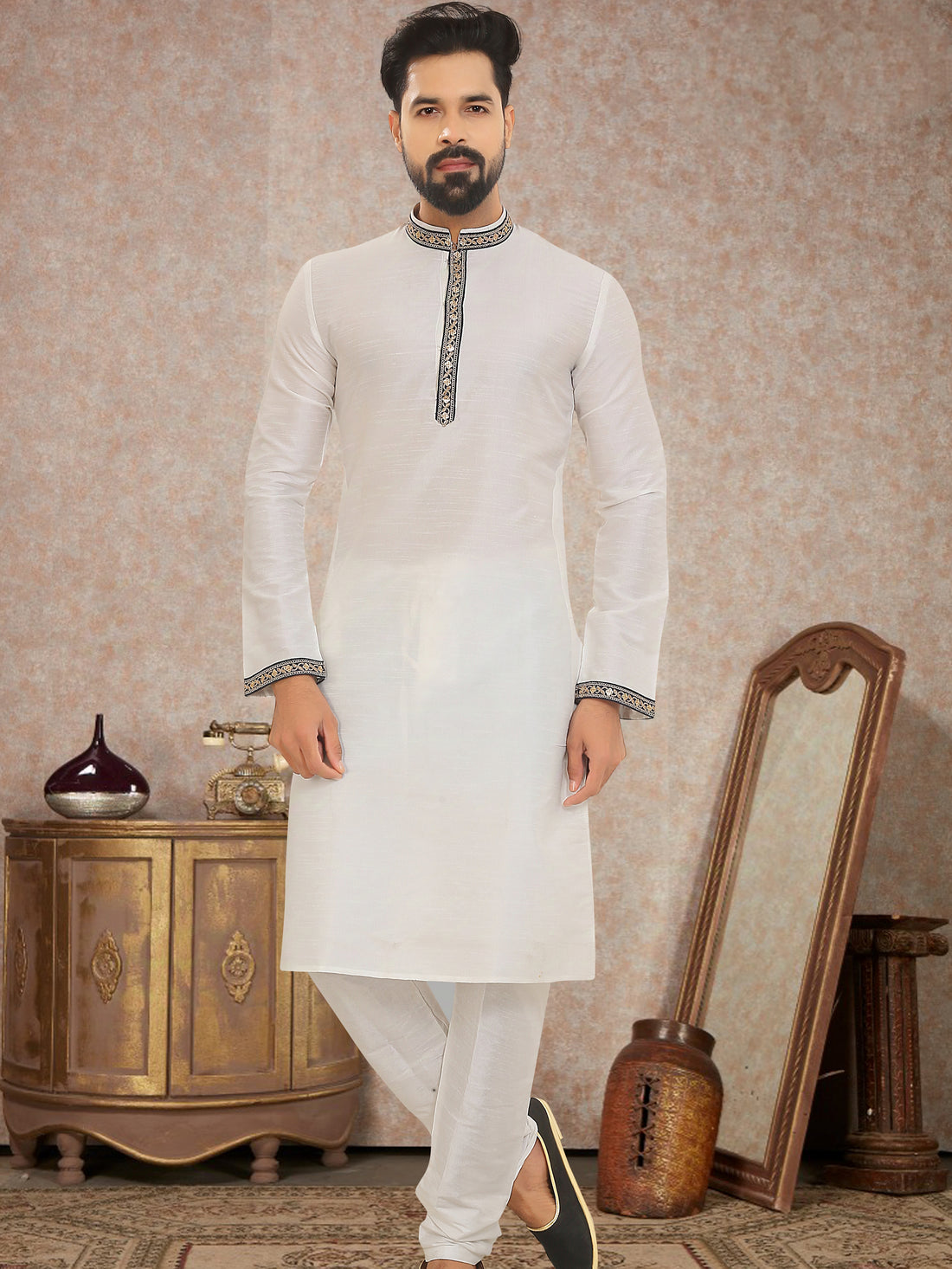 Classic White Dupion Silk Kurta Pajama for Men