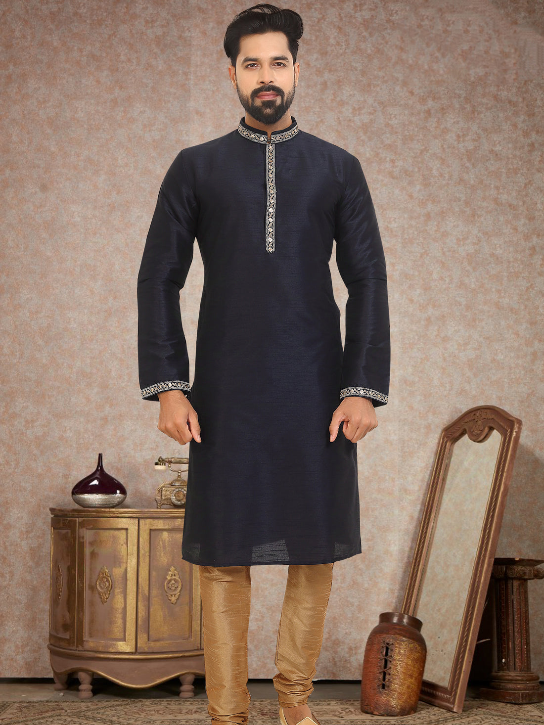 Navy Blue Dupion Silk Kurta Pajama for Men