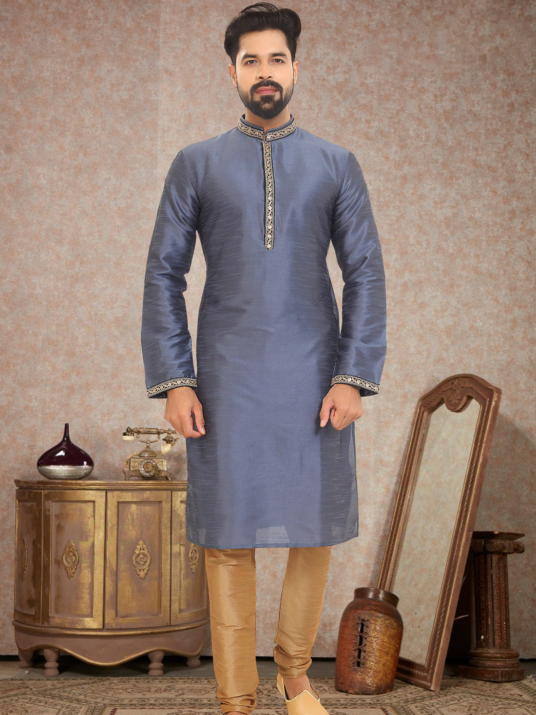 Royal Blue Dupion Silk Kurta Pajama for Men