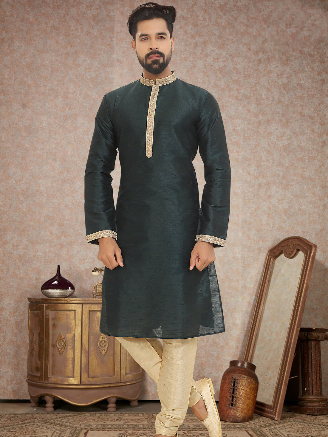 Dark Green Dupion Silk Kurta Pajama for Men