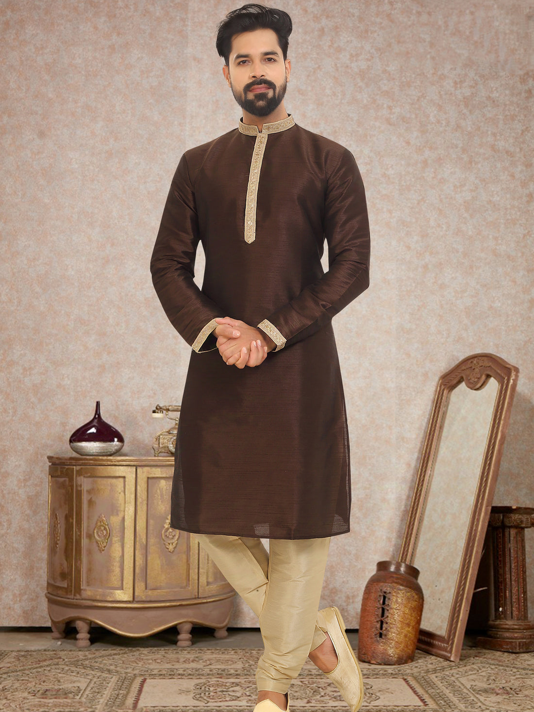 Coffee Brown Dupion Silk Kurta Pajama for Men