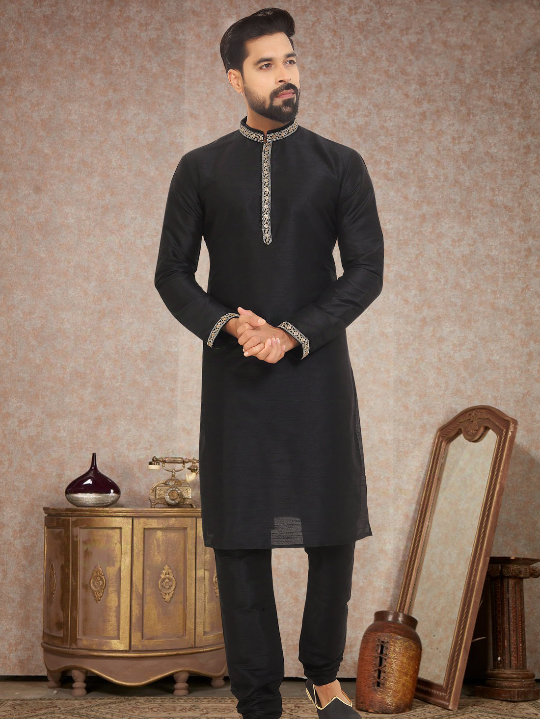 Classic Black Dupion Silk Kurta Pajama for Men