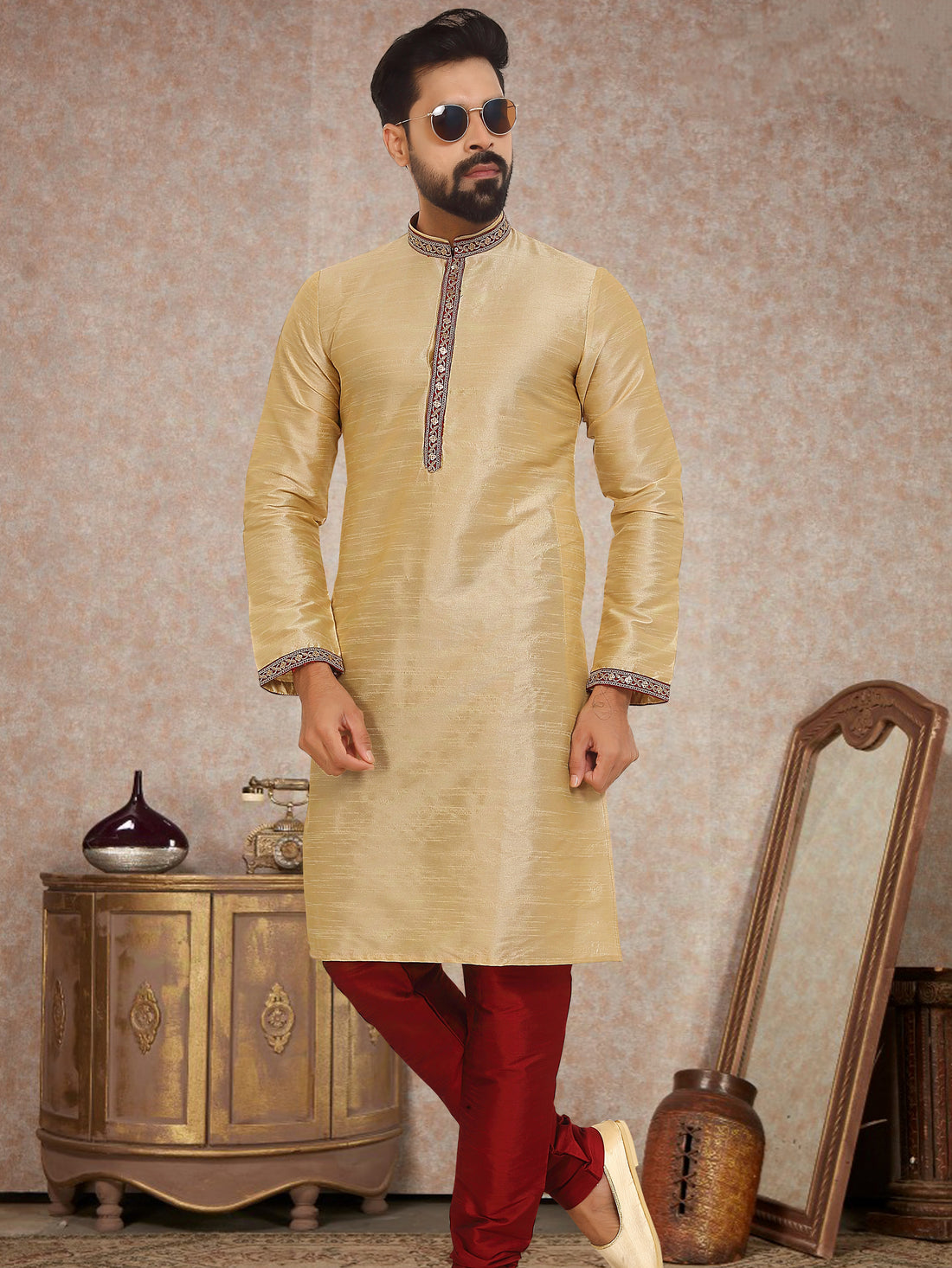 Golden Dupion Silk Kurta Pajama for Men