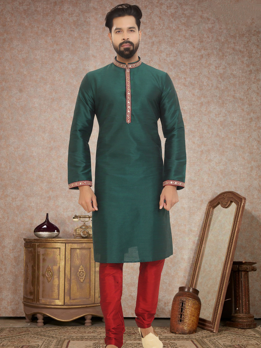 Forest Green Dupion Silk Kurta Pajama for Men