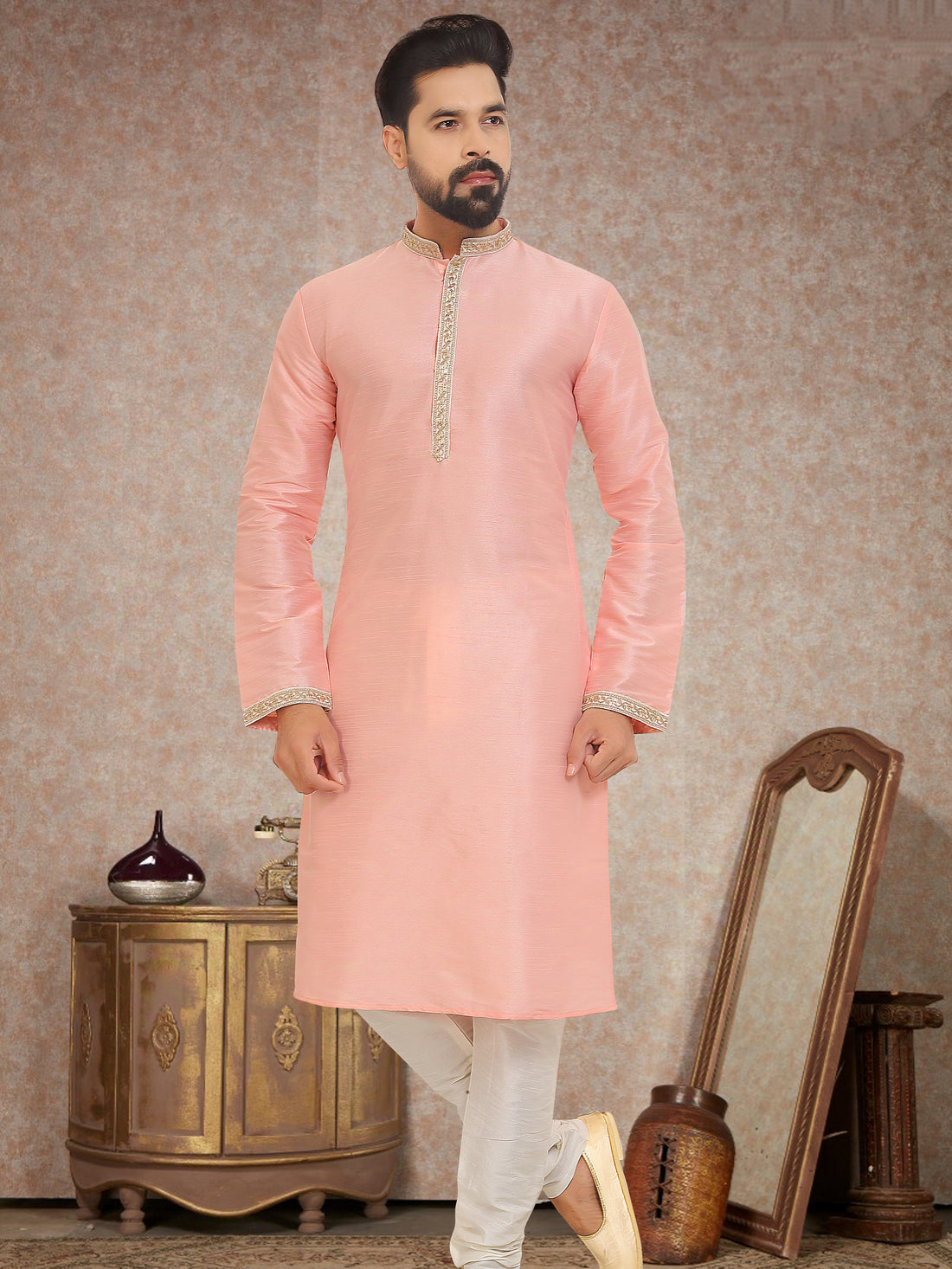 Peach Pink Dupion Silk Kurta Pajama for Men